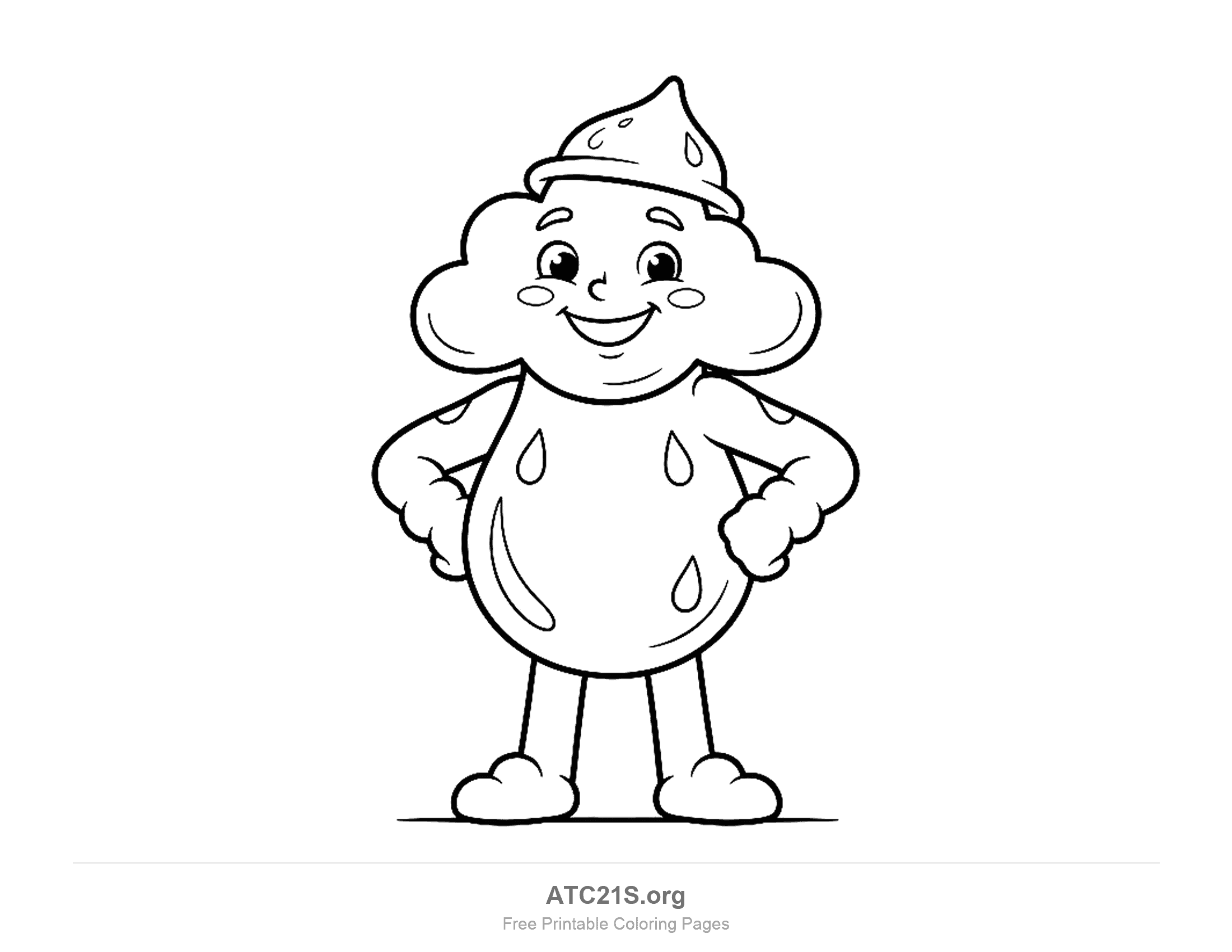 Smiling character with a cloud head and a big raindrop body dotted with drops, puffy fists on its hips and a pointed drop-shaped hat, standing on cloud feet, rain coloring page to print