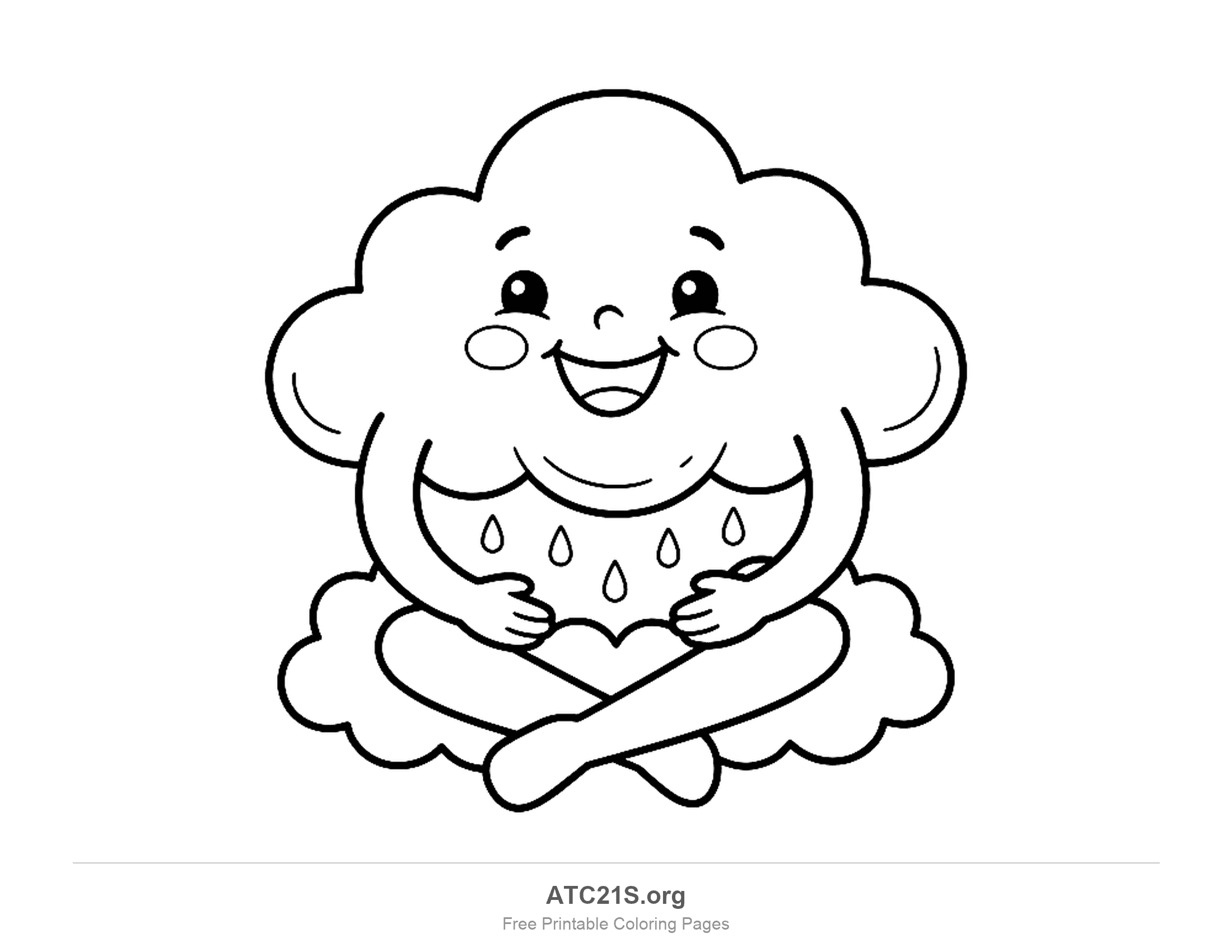 Big smiling cloud sitting cross-legged on a fluffy cloud cushion, holding a tummy patterned with five raindrops, weather coloring page for kids