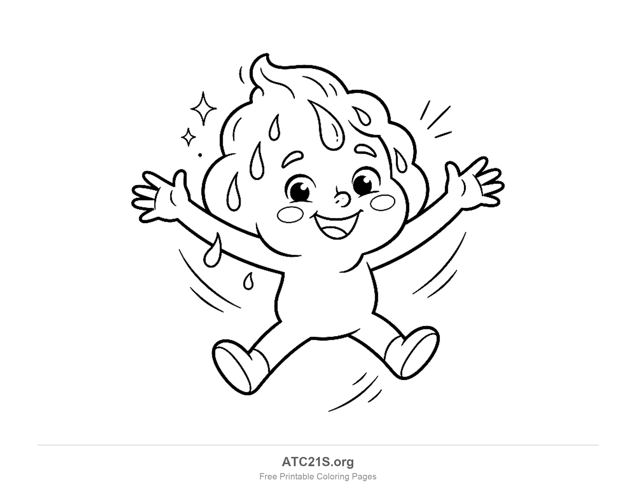 Happy child with puffy cloud-shaped hair splashed with raindrops, leaping in the air with arms and legs flung wide, sparkles and motion lines around, rainy day coloring page