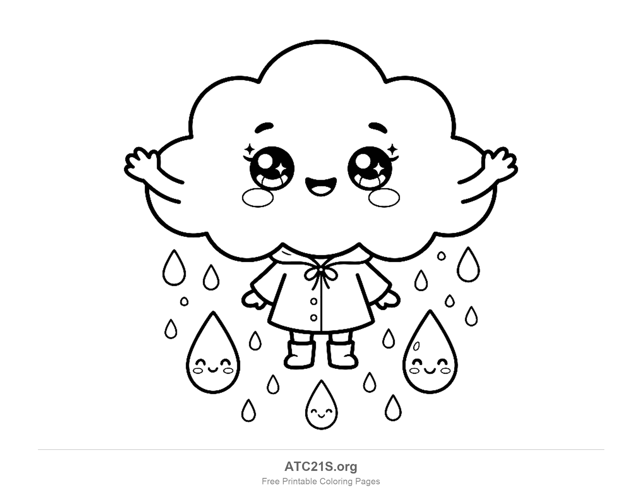 Smiling cloud with sparkly eyes and open arms wearing a little raincoat with a bow, buttons and rain boots, surrounded by three smiling raindrops and many small drops, detailed rain coloring page