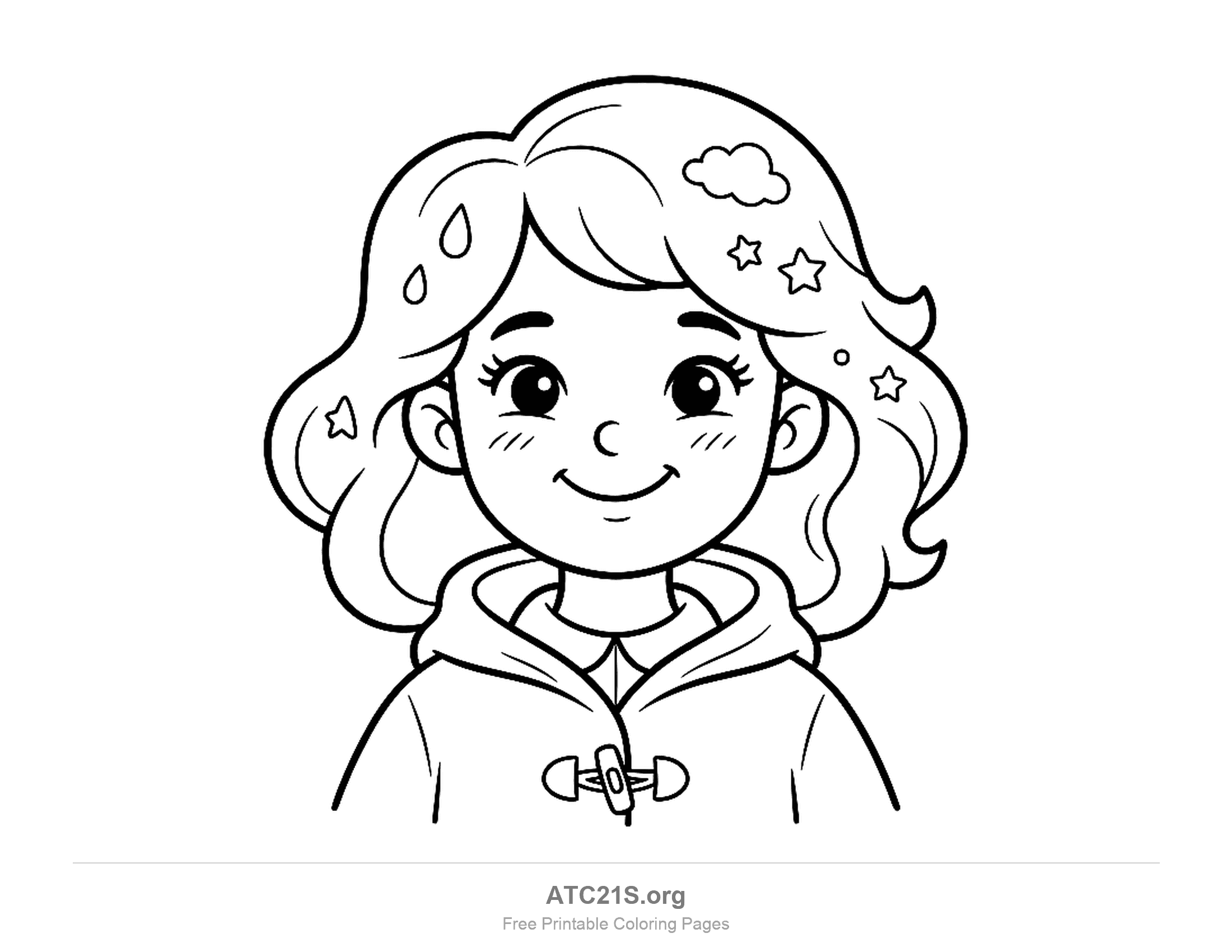 Head-and-shoulders portrait of a smiling girl in a hooded raincoat with a toggle fastening, wavy hair decorated with raindrops, a little cloud and stars, detailed rainy day coloring page for older kids