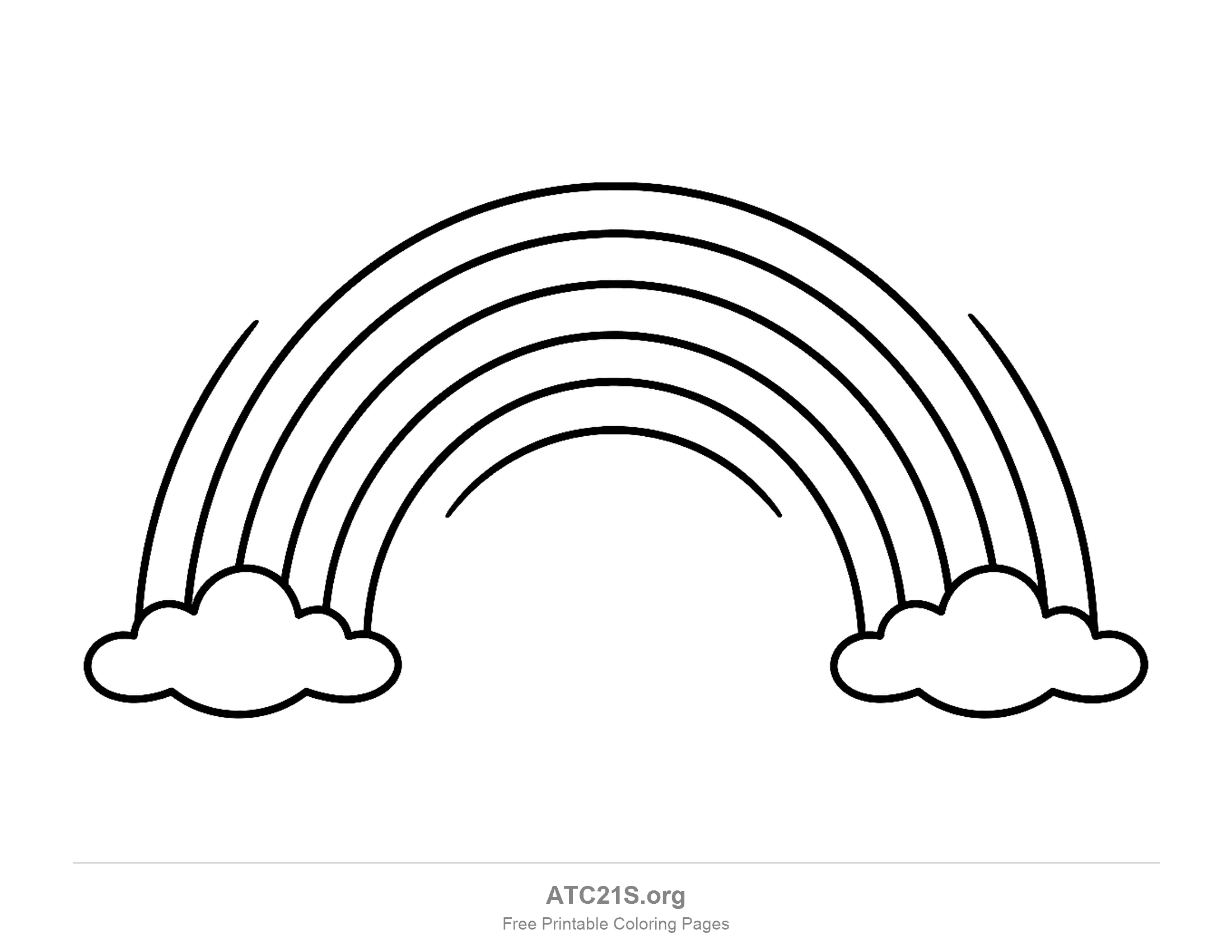 Four-stripe rainbow arch with its ends resting on two small puffy clouds and short curved shine lines under and beside it, simple rainbow coloring page for preschoolers