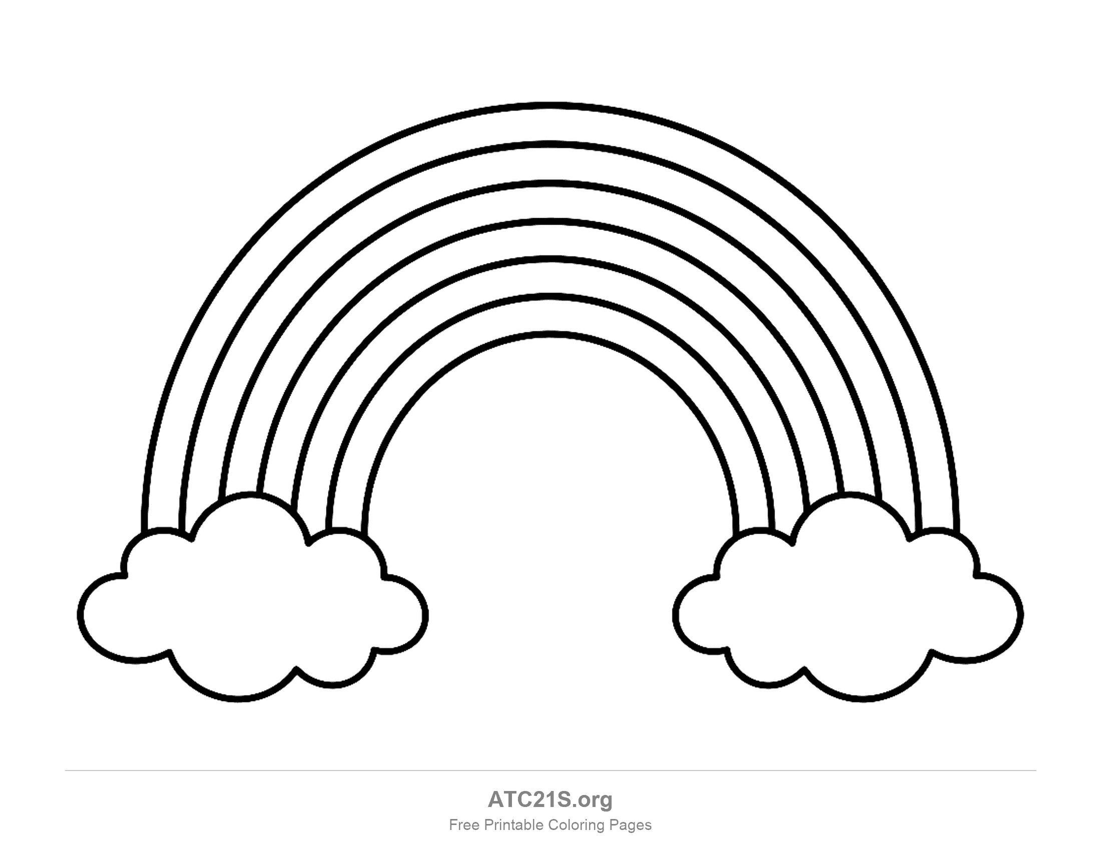 Six-stripe rainbow arch standing on two big puffy clouds, with wide bands to fill, rainbow coloring page for kids