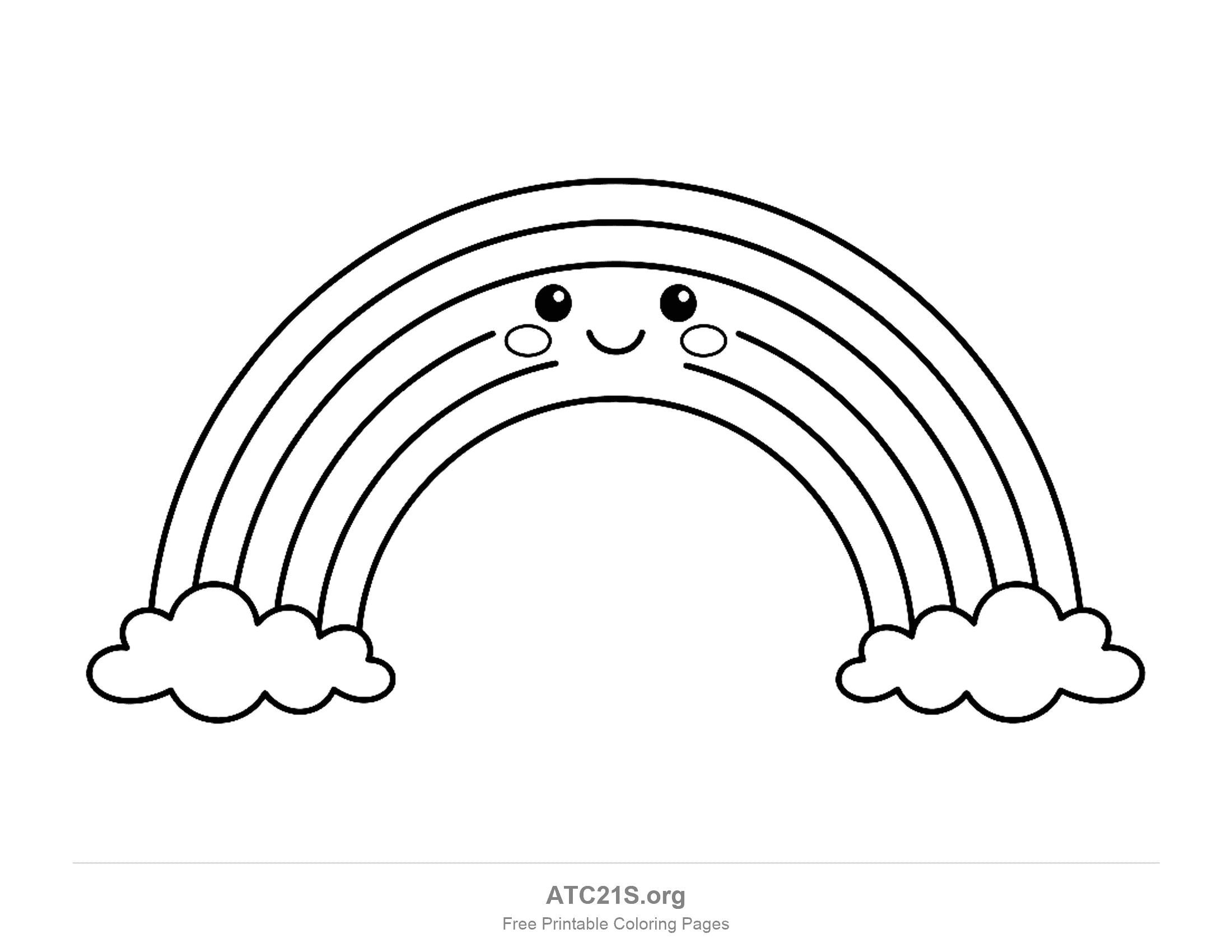 Cute smiling rainbow with big shiny eyes, oval rosy cheeks and a small smile across its five stripes, ends tucked into fluffy clouds, kawaii rainbow coloring page