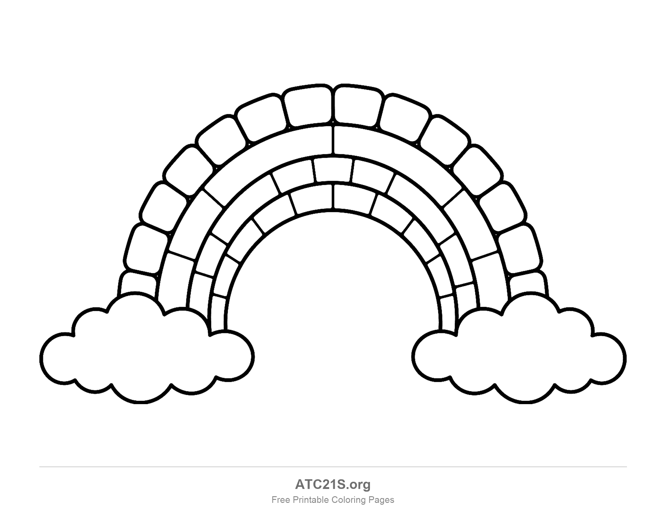 Rainbow built from blocks, with an outer ring of big rounded bricks, a smooth band and two rows of smaller bricks, resting on two large puffy clouds, detailed rainbow coloring page