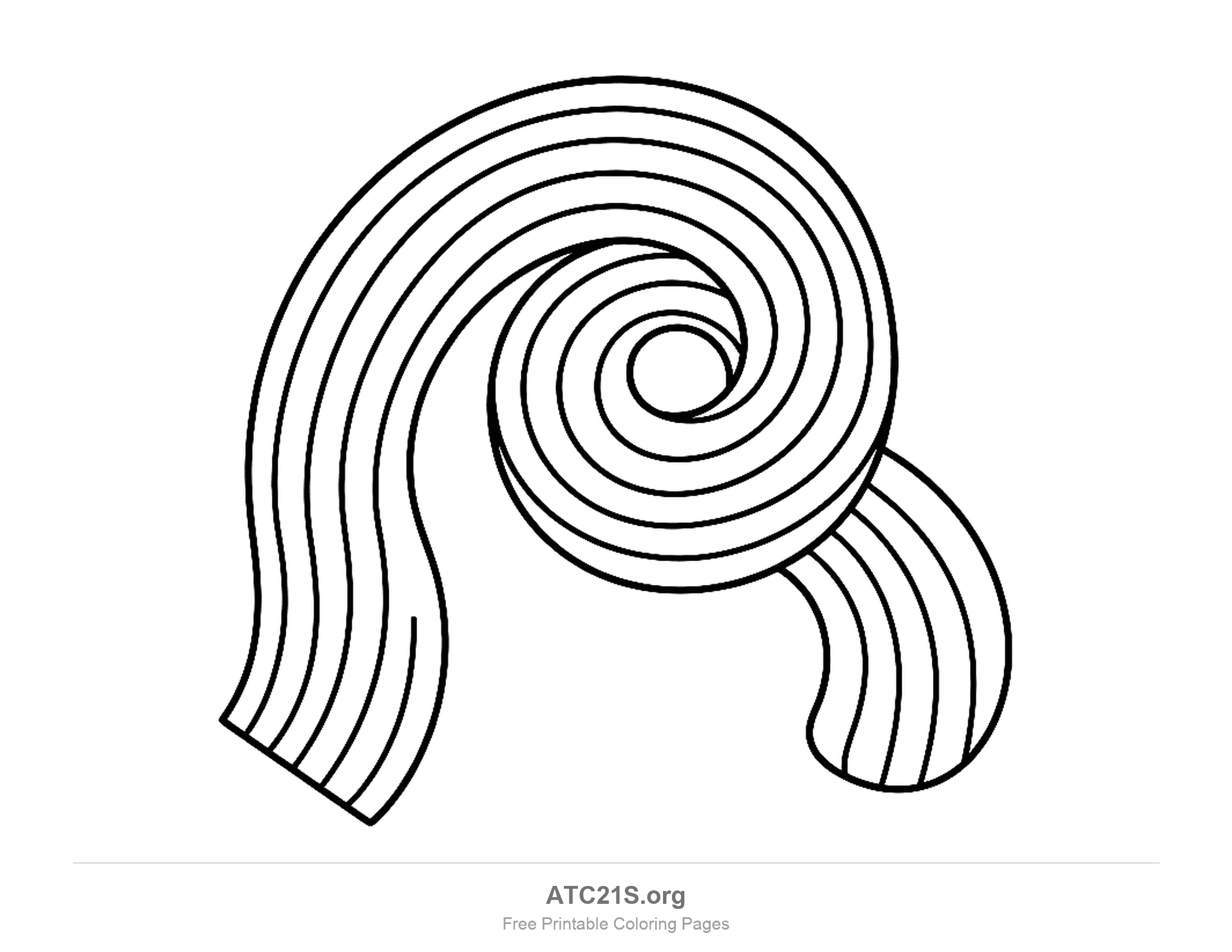 Striped ribbon rainbow rising in an arch, curling round into a tight spiral and dropping into a curly tail, detailed rainbow coloring page for older kids
