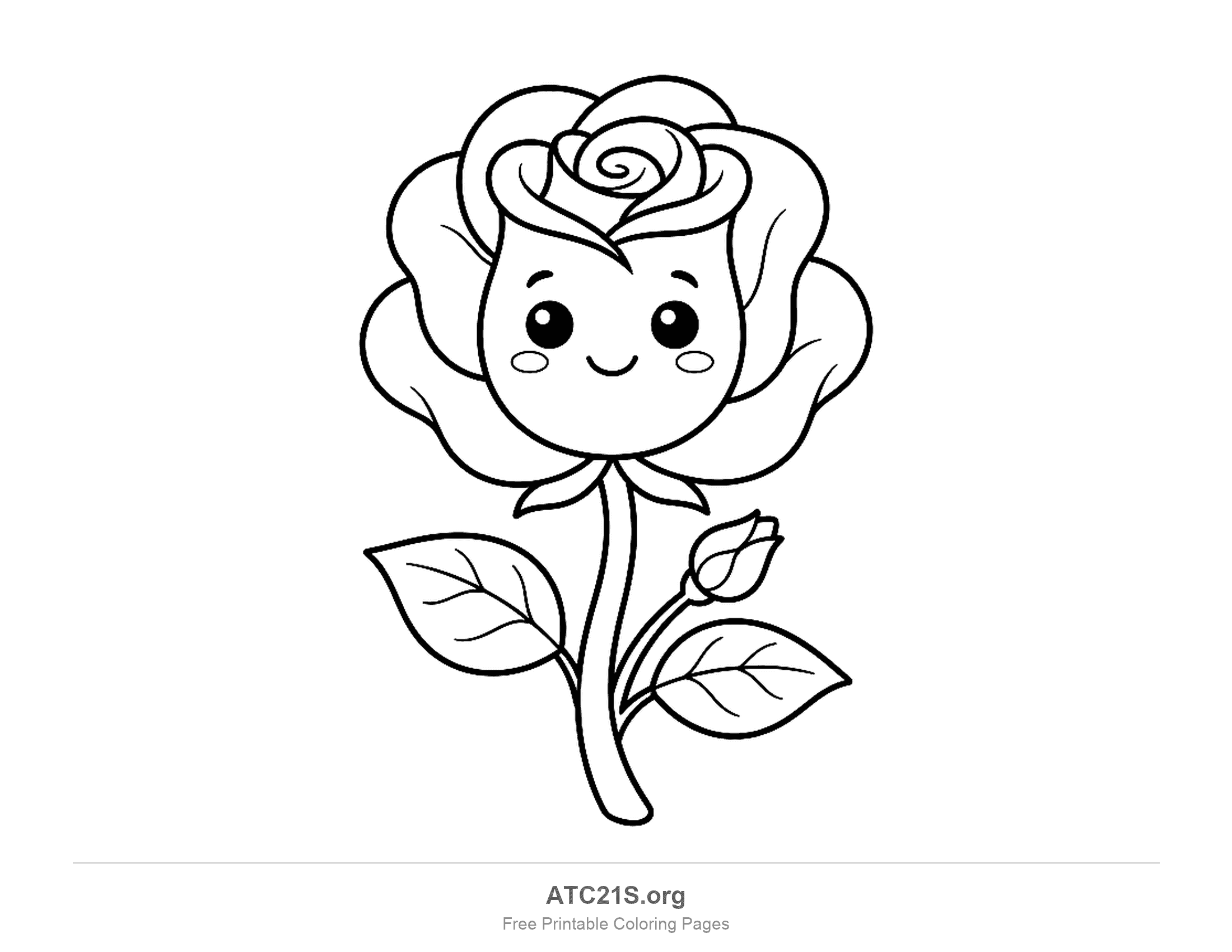 Cartoon rose with a smiling face, round eyes and blushing cheeks in the middle of the bloom, a small bud on a side stem and two leaves, cute coloring page for preschoolers
