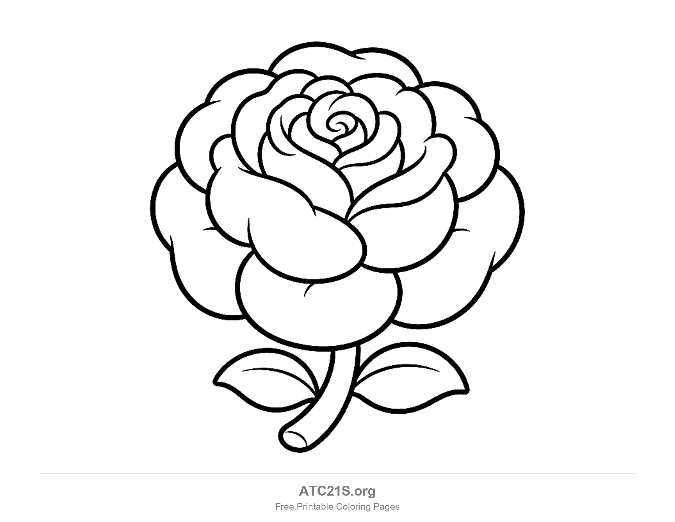 Chubby rose with puffy rounded petals around a spiral centre, a curved stem and two leaves in bold outlines, simple flower coloring page for kids