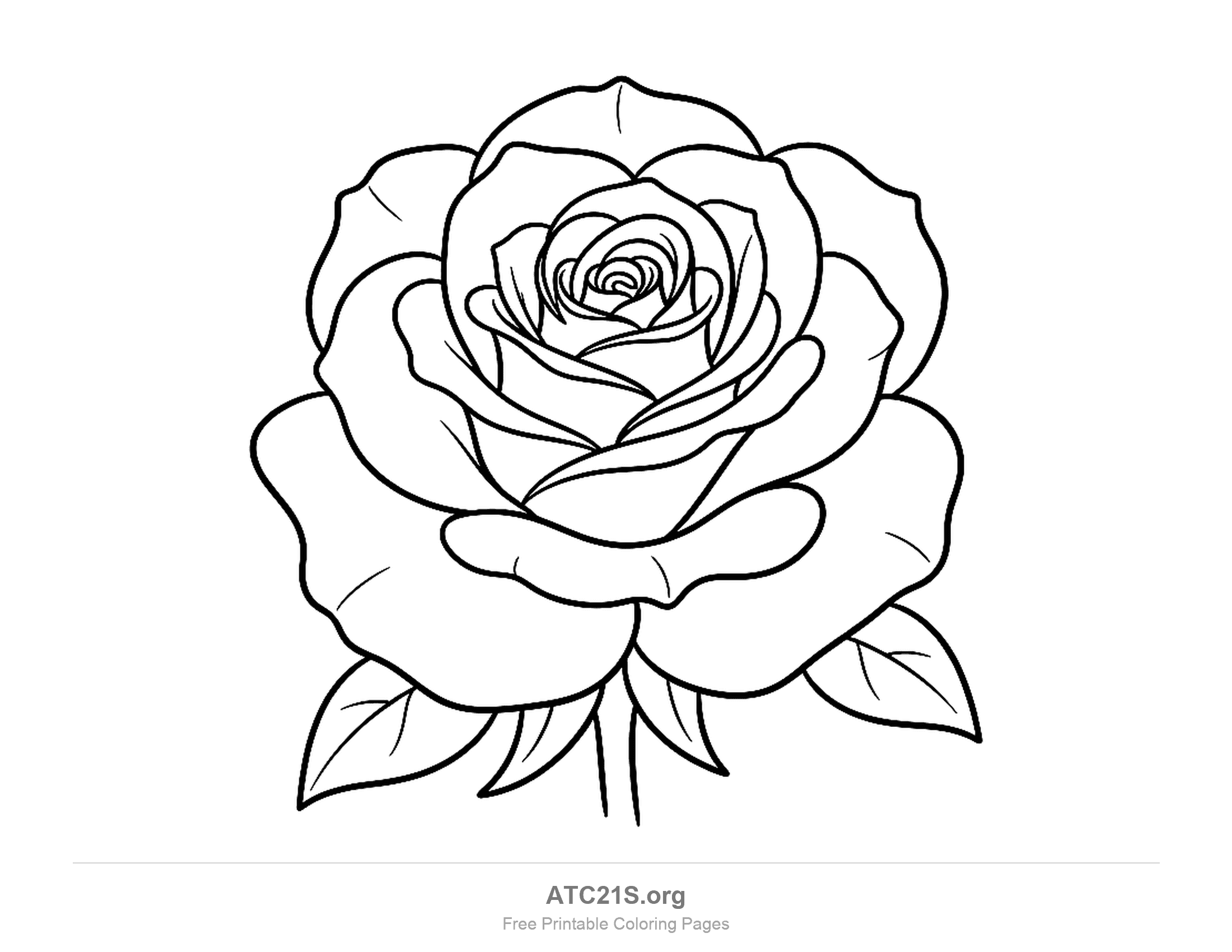Wide-open rose bloom with broad layered petals around a tight spiral middle and four leaves at the base, printable rose coloring page