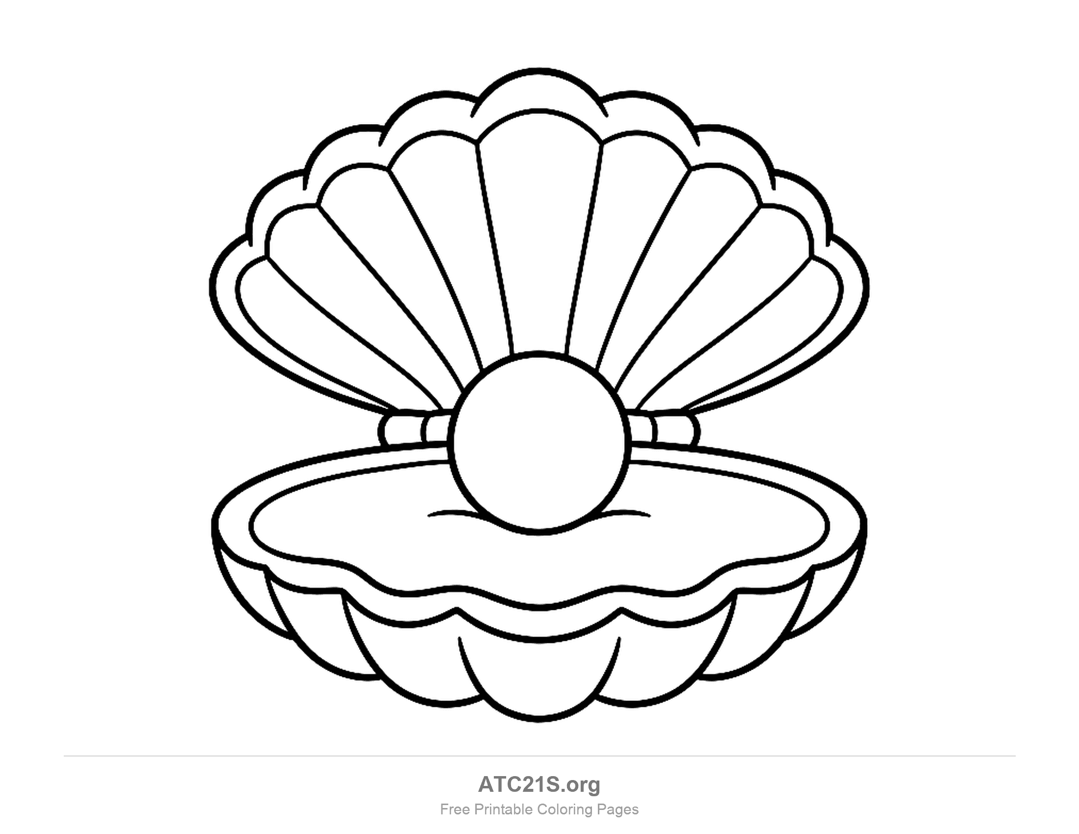 Clam shell lying open with a ribbed scalloped top half raised over a wavy-rimmed bowl and a big round pearl in the middle, easy seashell coloring page for kids