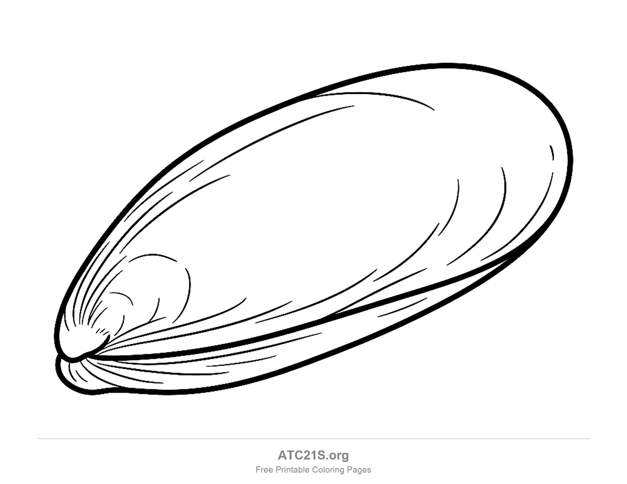 Long mussel shell lying on a slant with its two halves closed along one seam and fine growth lines curving from the pointed hinge end, seashell coloring page for kids