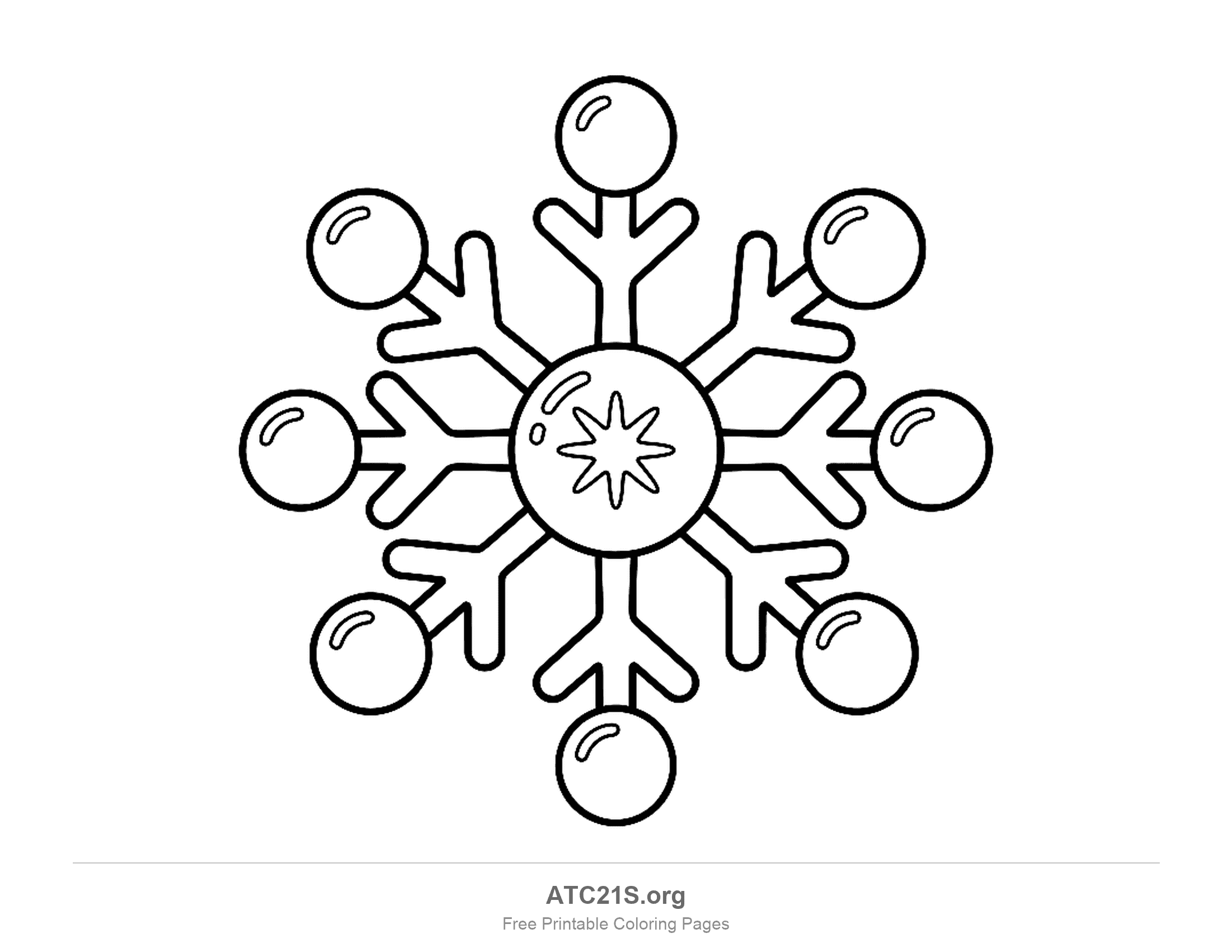 Simple six-armed snowflake with a star inside a circle at its centre, short side branches and a round bubble on the end of each arm, easy winter coloring page for young kids
