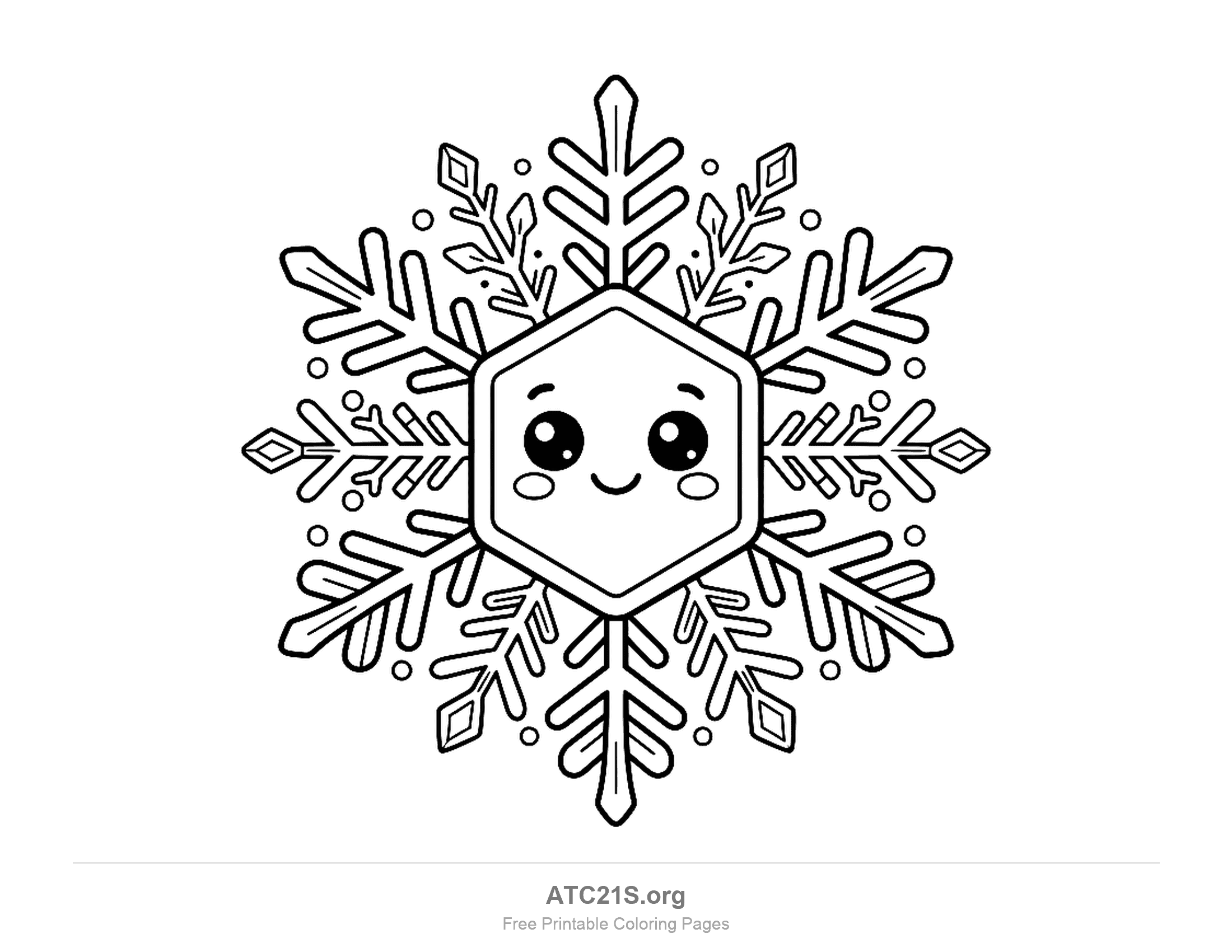 Cute cartoon snowflake with a smiling face, big round eyes and rosy cheeks inside its hexagon centre, six arms decorated with diamonds, dots and small branches, snowflake coloring page for kids
