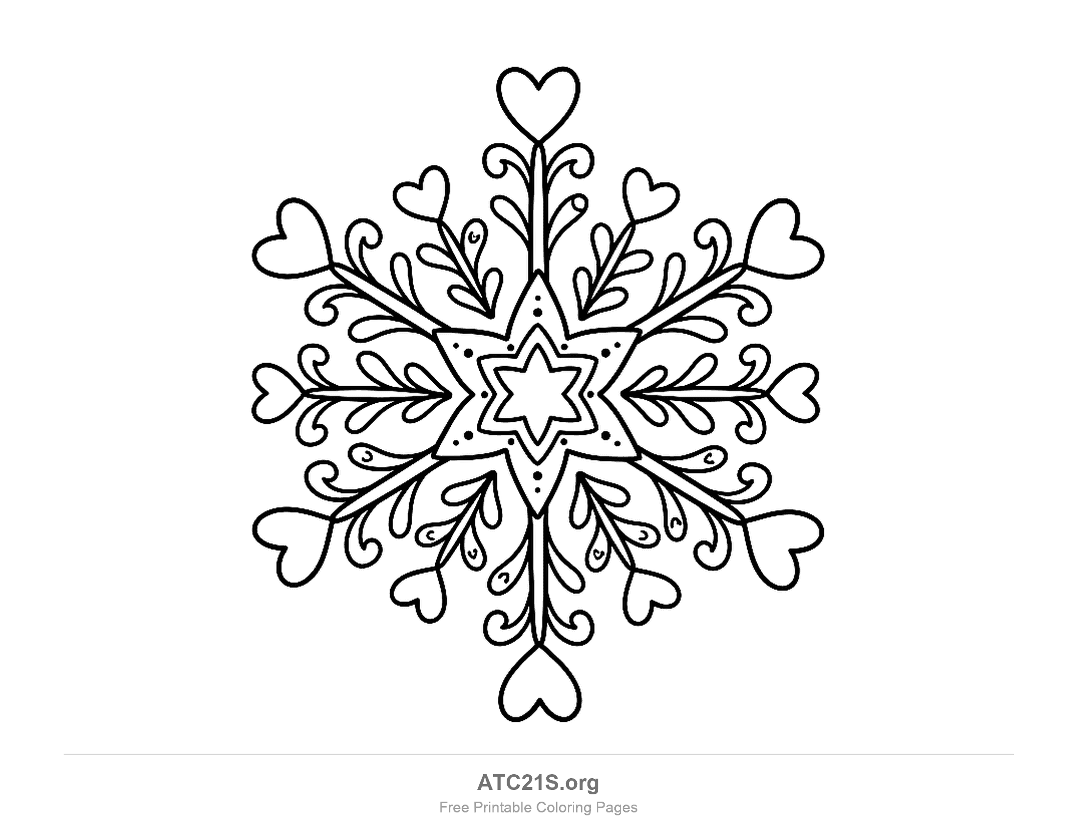 Snowflake made of hearts with a six-pointed star in the middle and a small heart on the tip of every arm and branch, winter or valentine coloring page for kids
