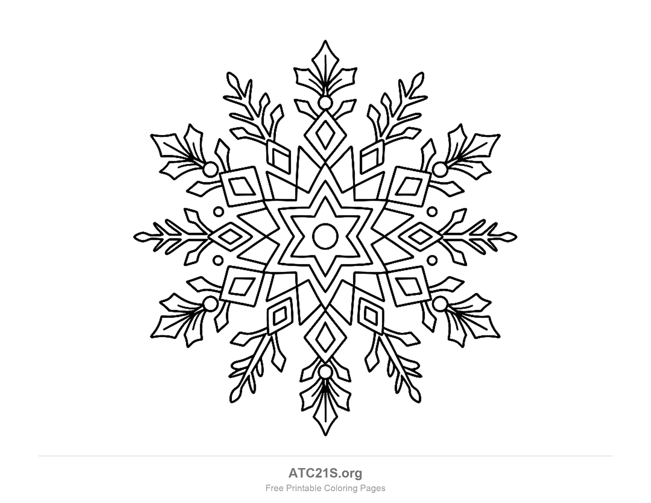 Classic six-pointed snowflake with a diamond and a feathered tip on each arm and a ring of small diamonds around the centre, snowflake coloring page for older kids