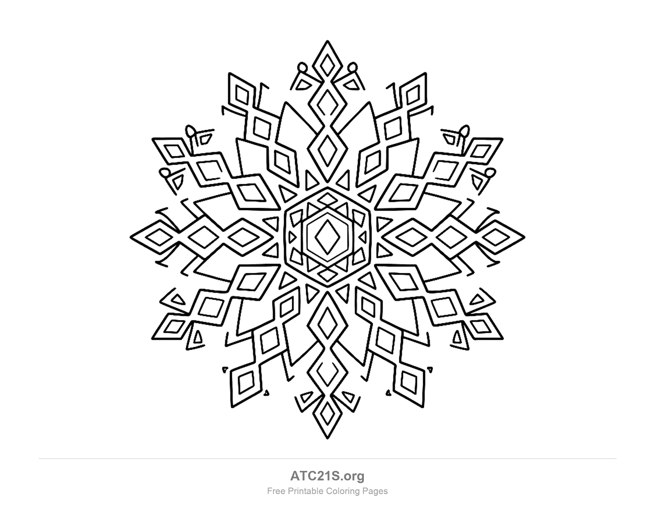 Geometric snowflake built from nested diamonds and chevrons around a hexagon centre, detailed pattern coloring page for older children