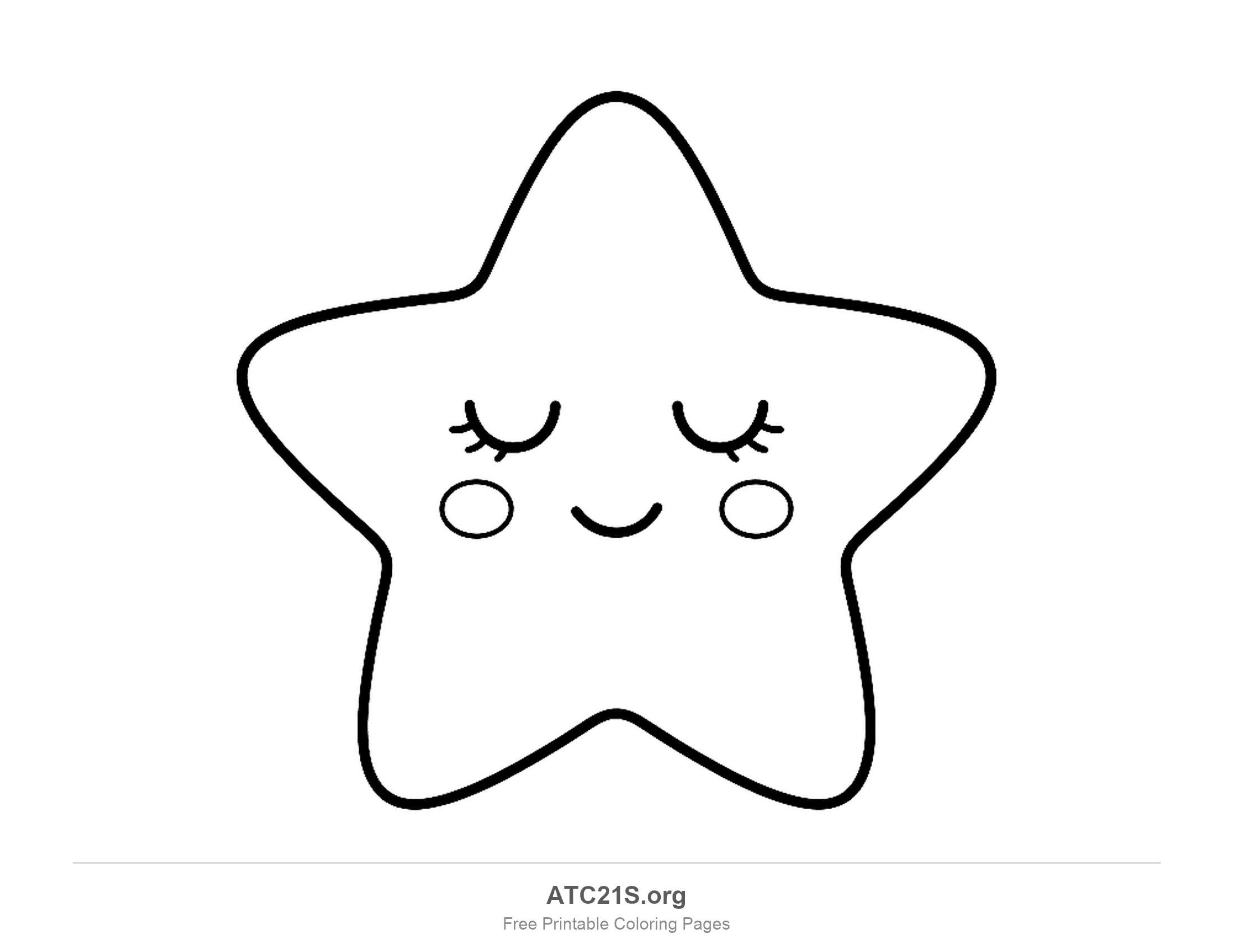 Rounded star with a sleepy face, closed eyes with long lashes, round rosy cheeks and a small smile, bedtime star coloring page for kids
