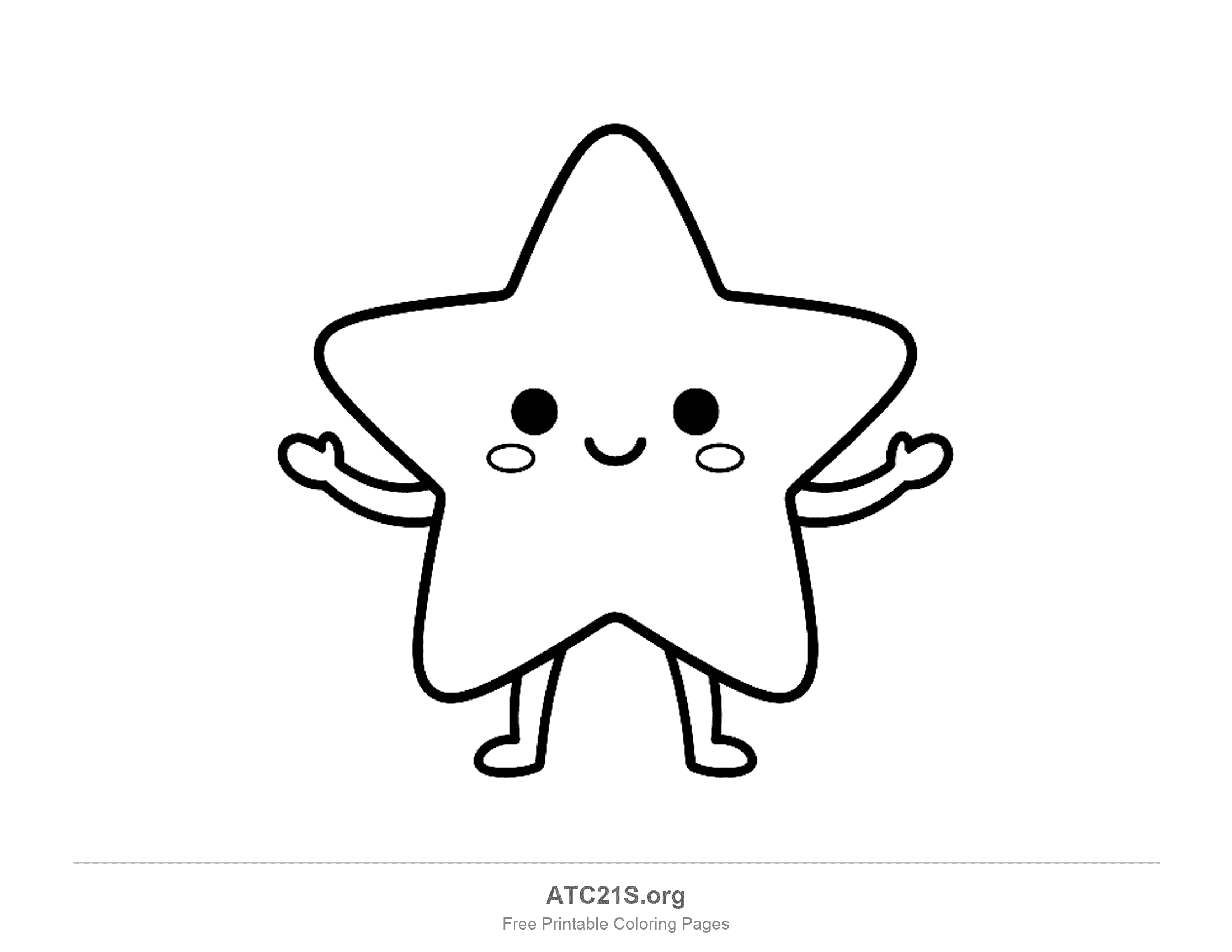 Smiling star with dot eyes and oval cheeks, little arms raised at its sides and two short legs with round feet, cute star coloring page