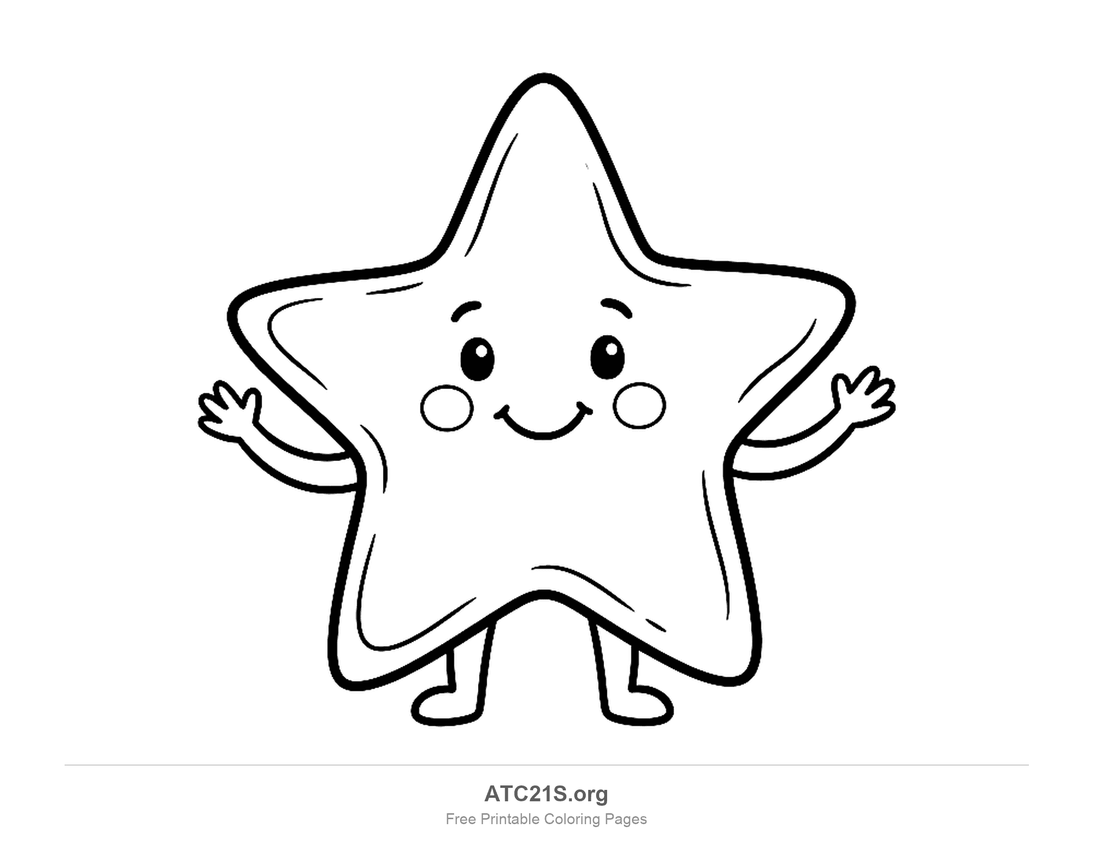 Happy star with shiny eyes, eyebrows and rosy cheeks waving both hands, standing on two legs, wobbly hand-drawn outline with shine marks, printable star coloring page