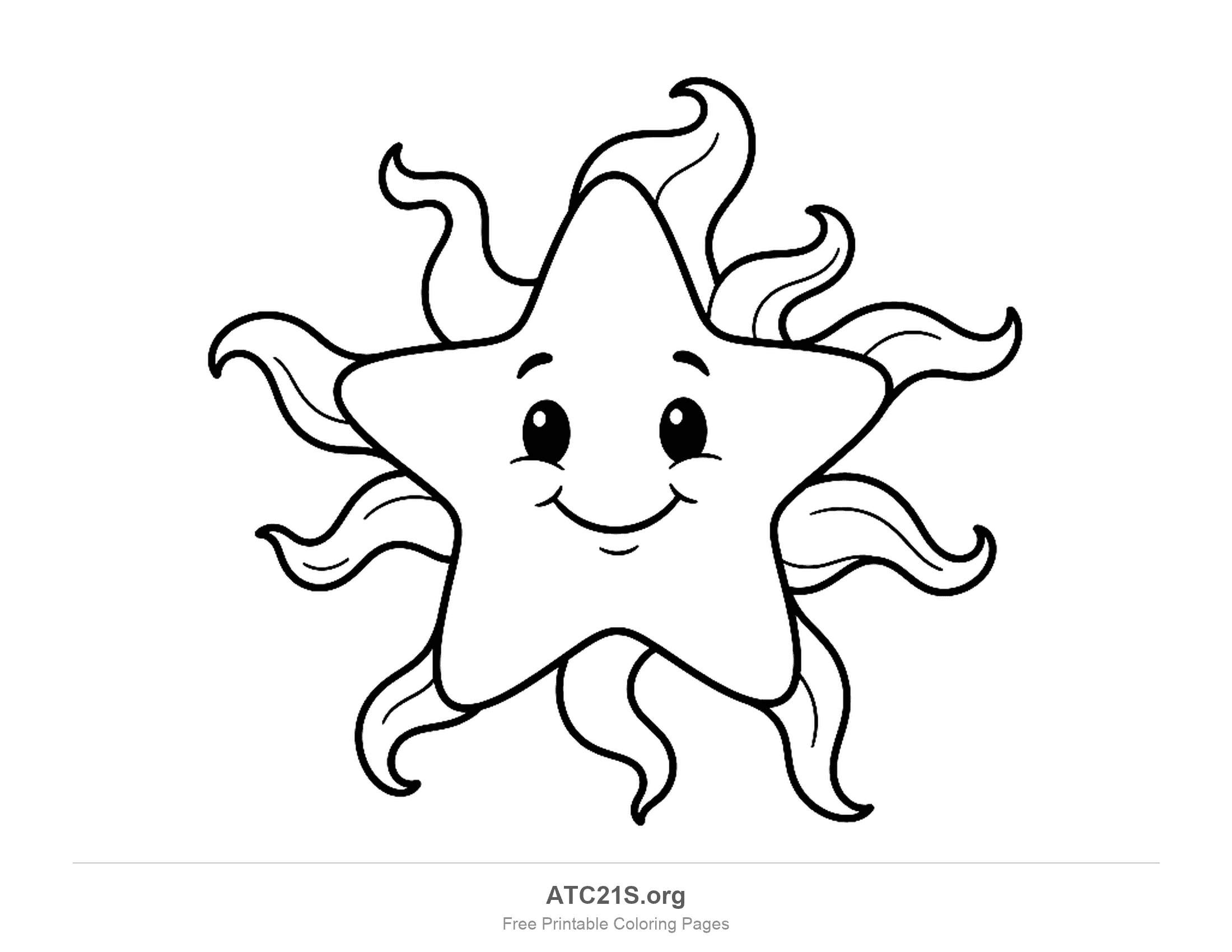 Smiling star with big shiny eyes surrounded by wavy curling streamers like ribbons or flames, star coloring page to print