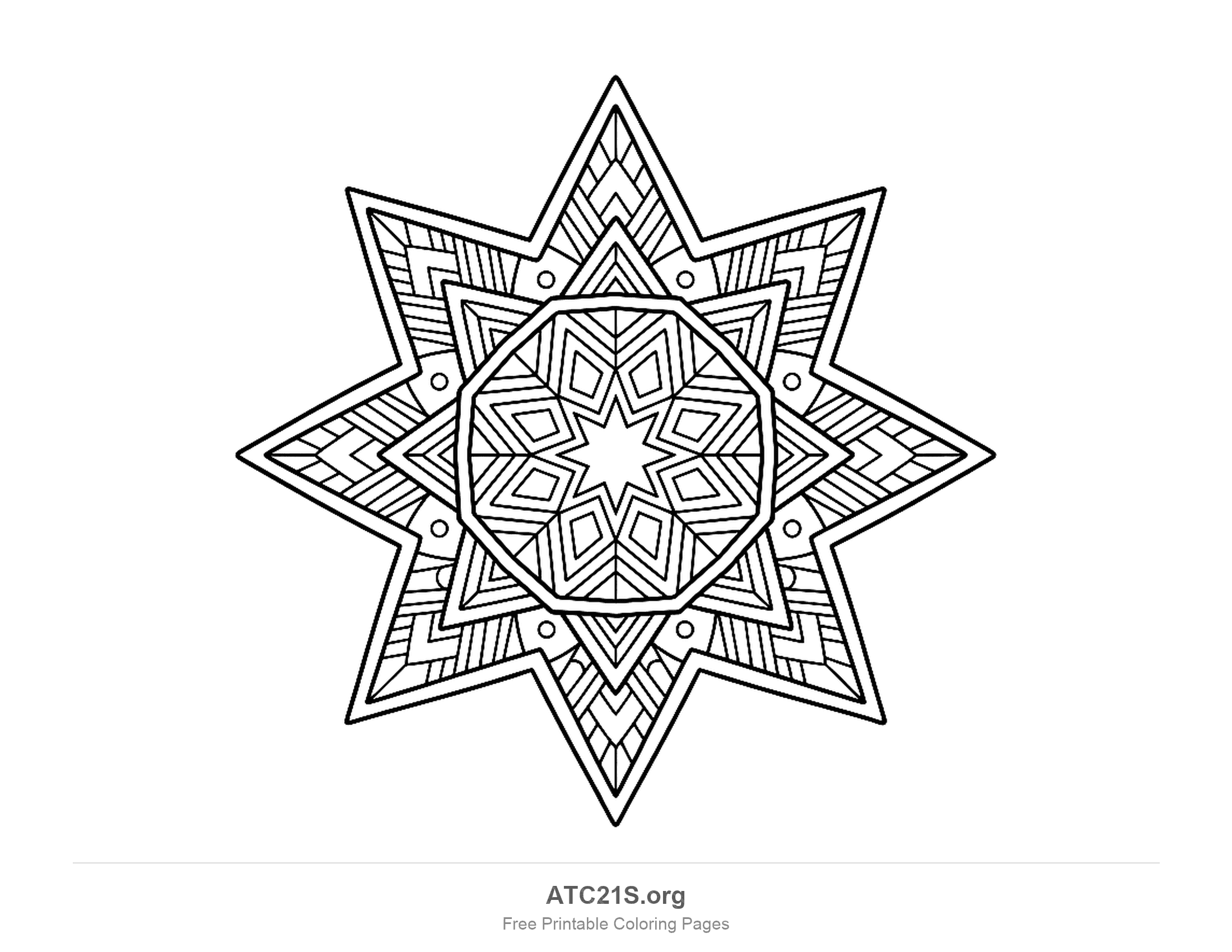 Eight-pointed star filled with geometric patterns, an octagon holding a small eight-pointed star, diamonds, stripes, chevrons and a ring of small circles, detailed star coloring page for older kids