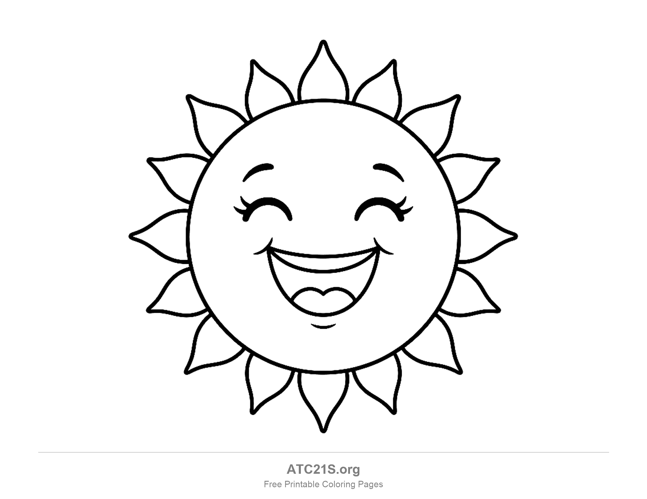 Laughing sun with eyes squeezed shut and a wide-open mouth, ringed by separate teardrop-shaped pointed rays, simple sun coloring page for preschoolers