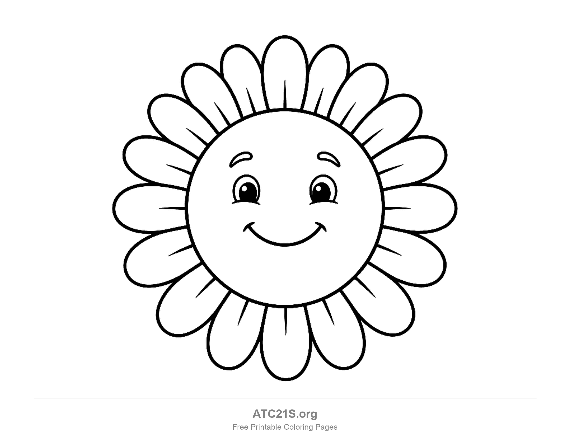 Smiling sun with big round eyes inside a ring of rounded petal-shaped rays that make it look like a daisy, sun coloring page for kids