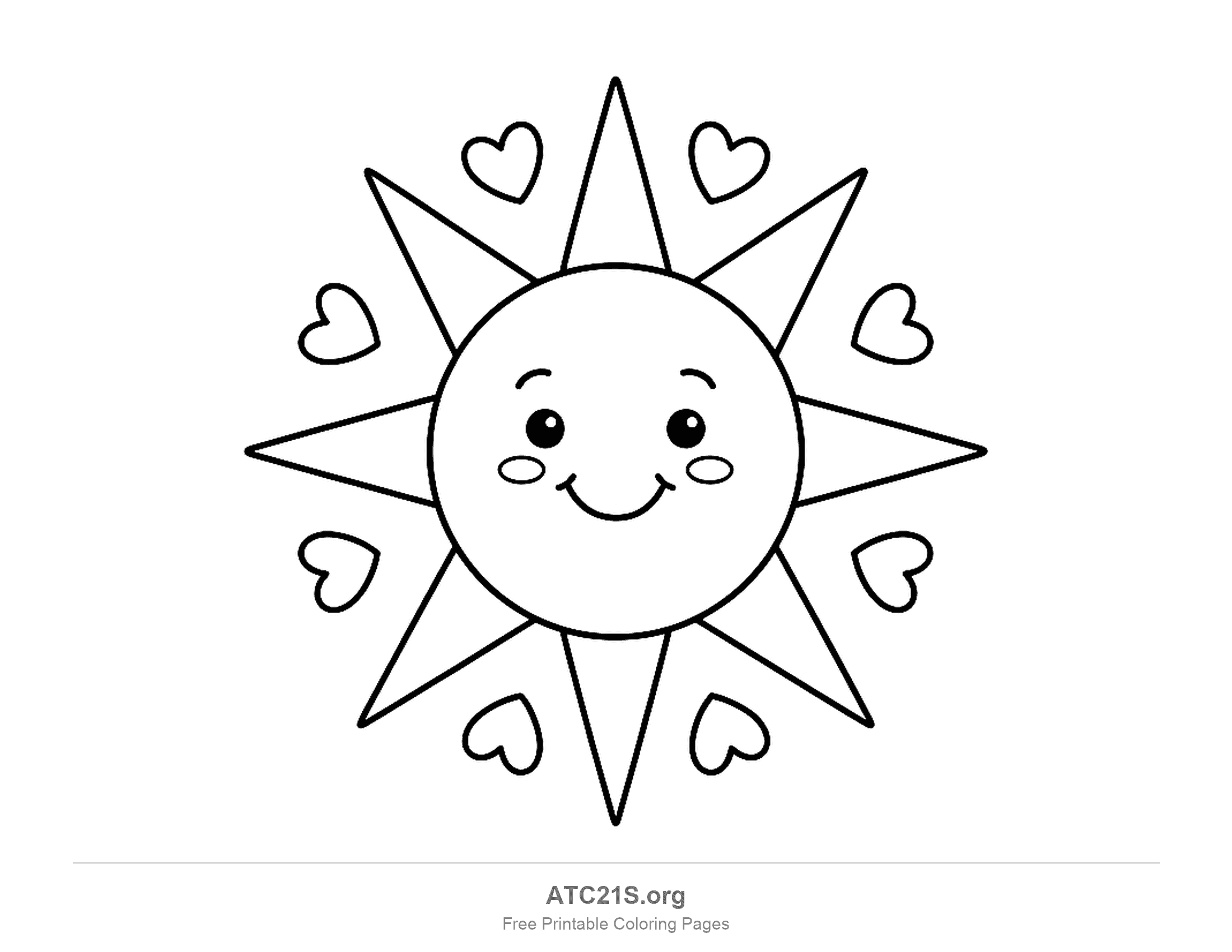 Happy sun with rosy cheeks and eight long straight pointed rays like a star, with eight small hearts floating between the rays, printable sun coloring page