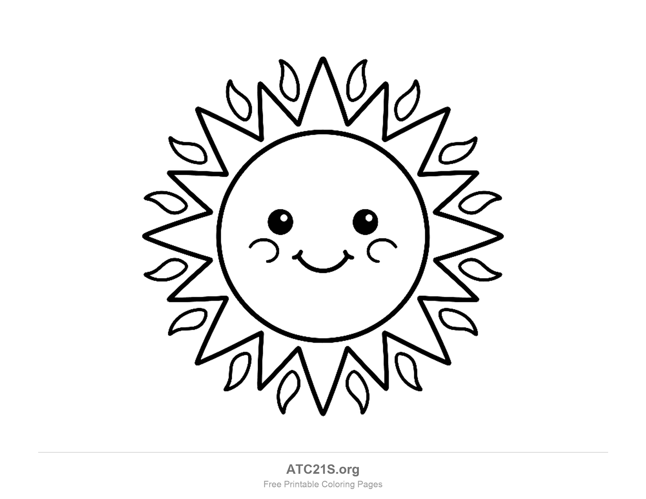 Smiling sun inside a sharp zigzag starburst of rays, with small flame-shaped sparks flying off around the edge, sun coloring page to print