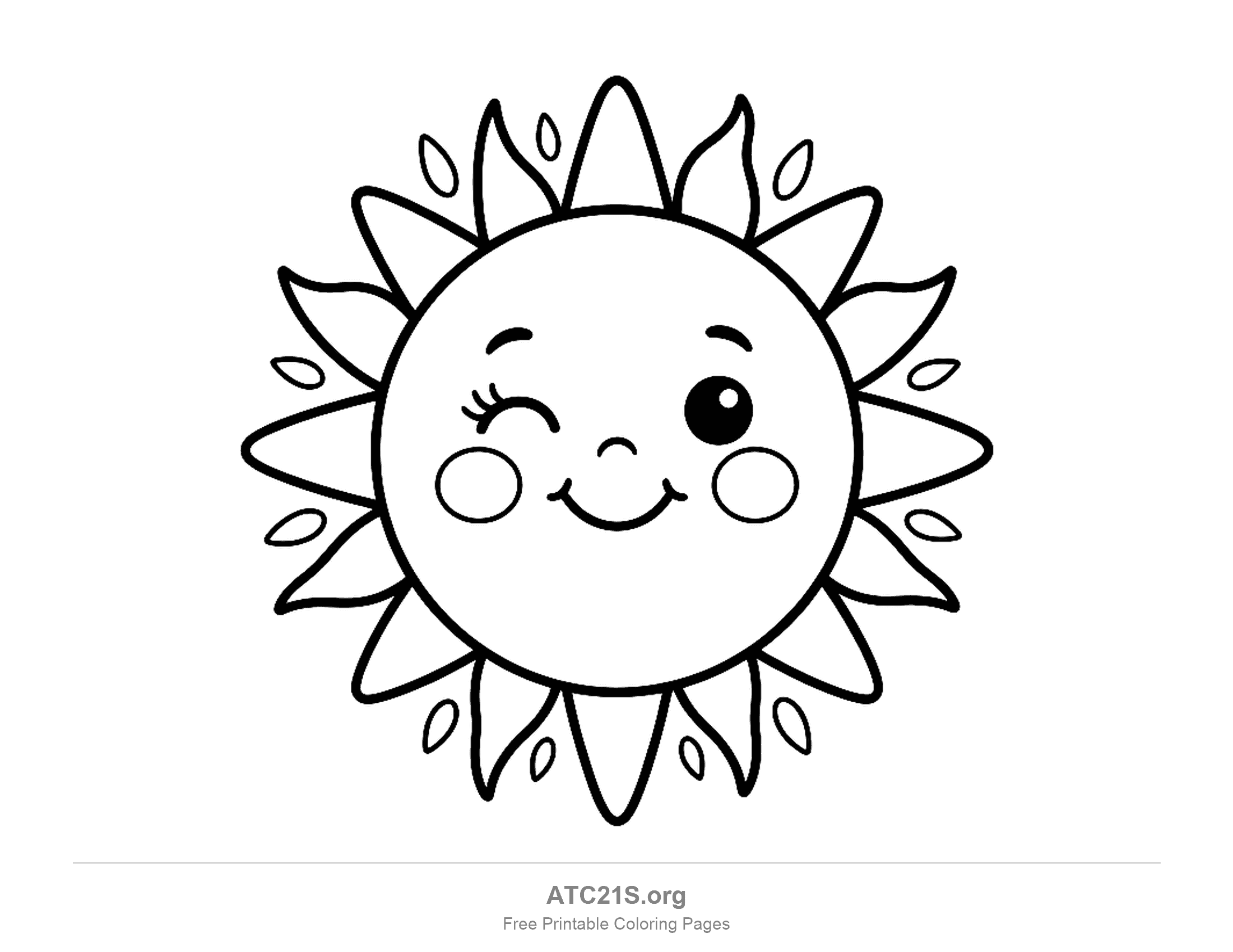 Winking sun with one eye shut and round rosy cheeks, long straight rays alternating with wavy flame-like rays and small leaf-shaped drops between them, sun coloring page