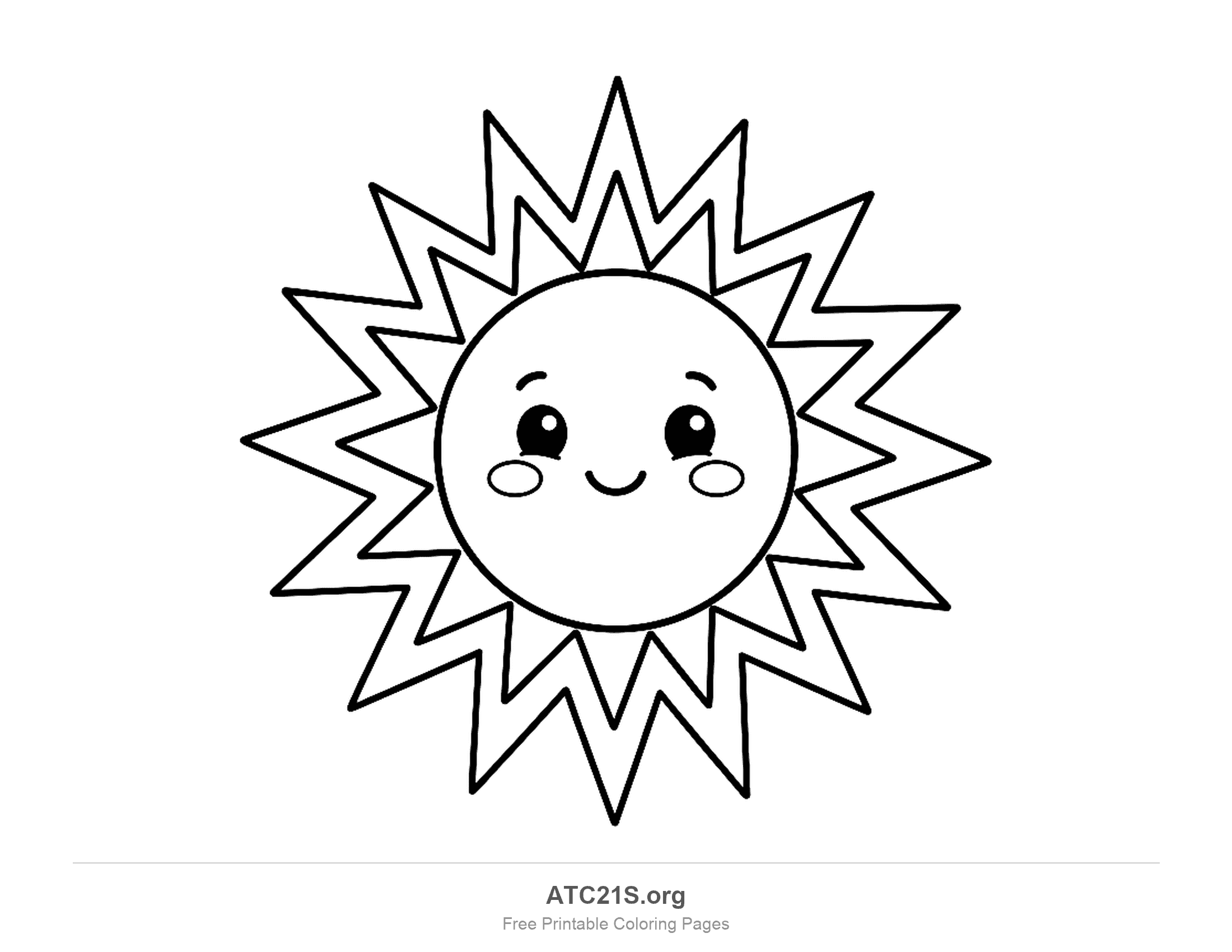 Smiling sun with big shiny eyes surrounded by two zigzag rings of rays, one inside the other, detailed sun coloring page
