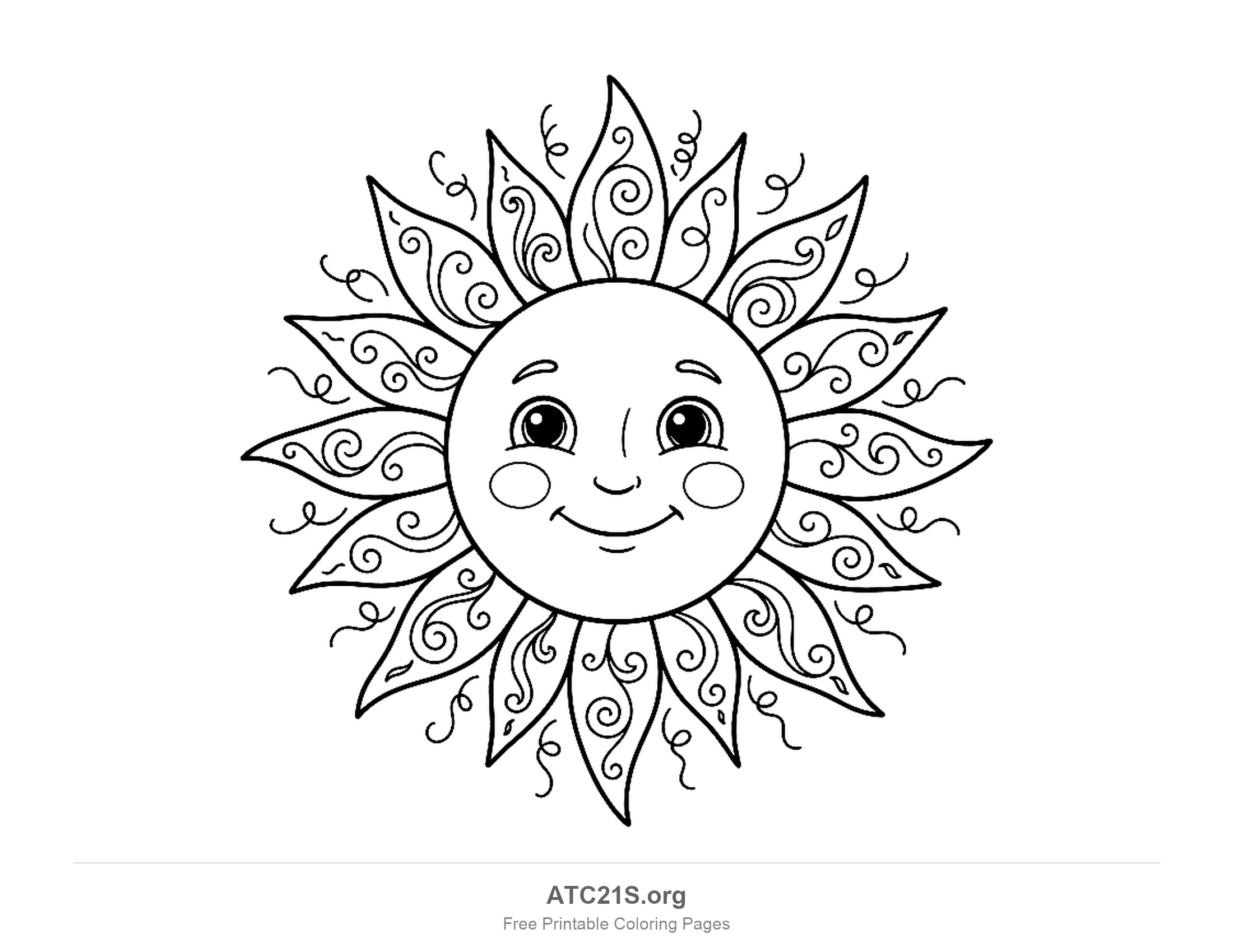 Sun face with shiny eyes, a nose and rosy cheeks, long pointed rays each filled with swirls and curls and curly tendrils floating between them, detailed sun coloring page for older kids
