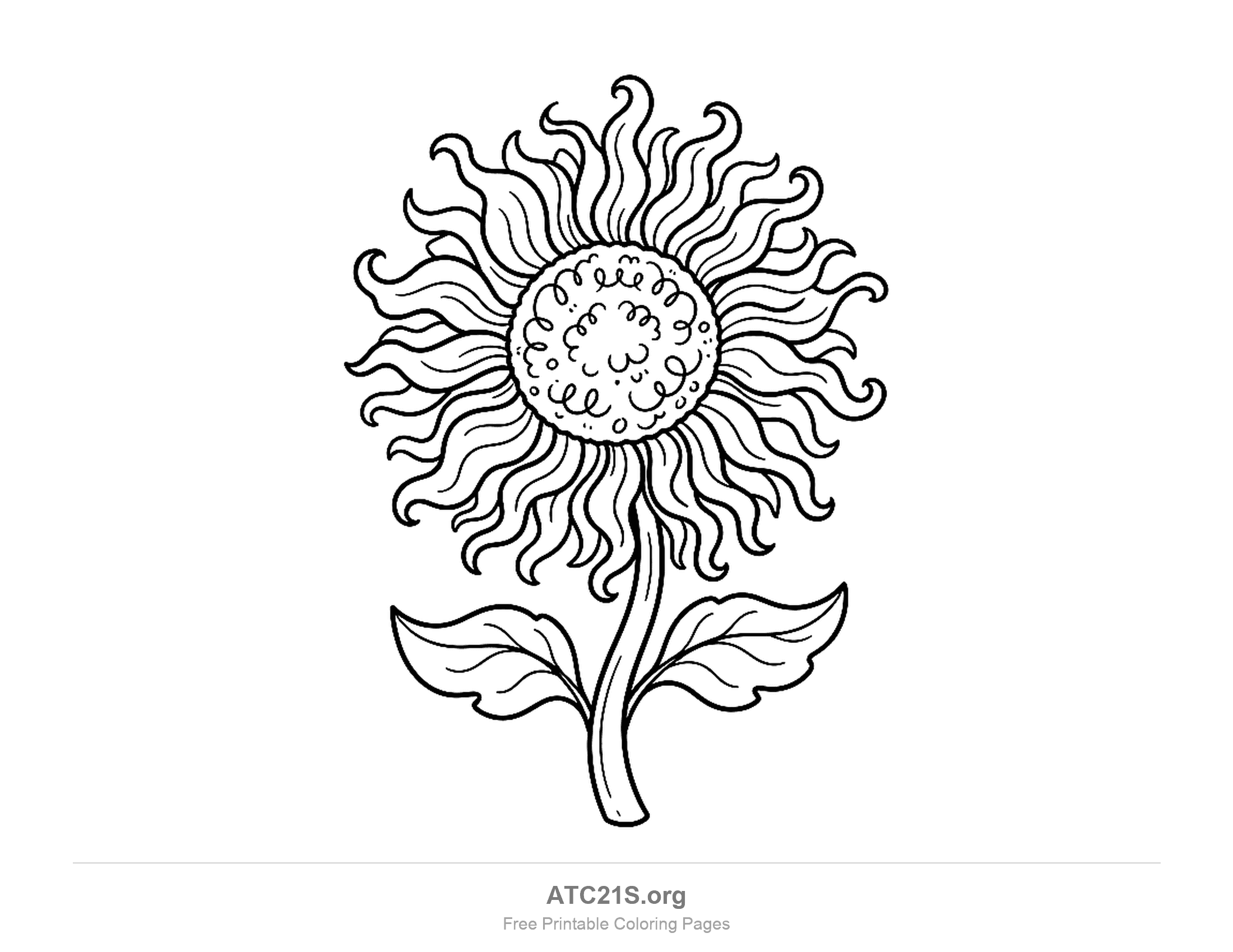 Playful sunflower with wavy, flame-like petals curling at the tips around a centre of loops and dots, two wavy-edged leaves on a curved stem, detailed coloring page