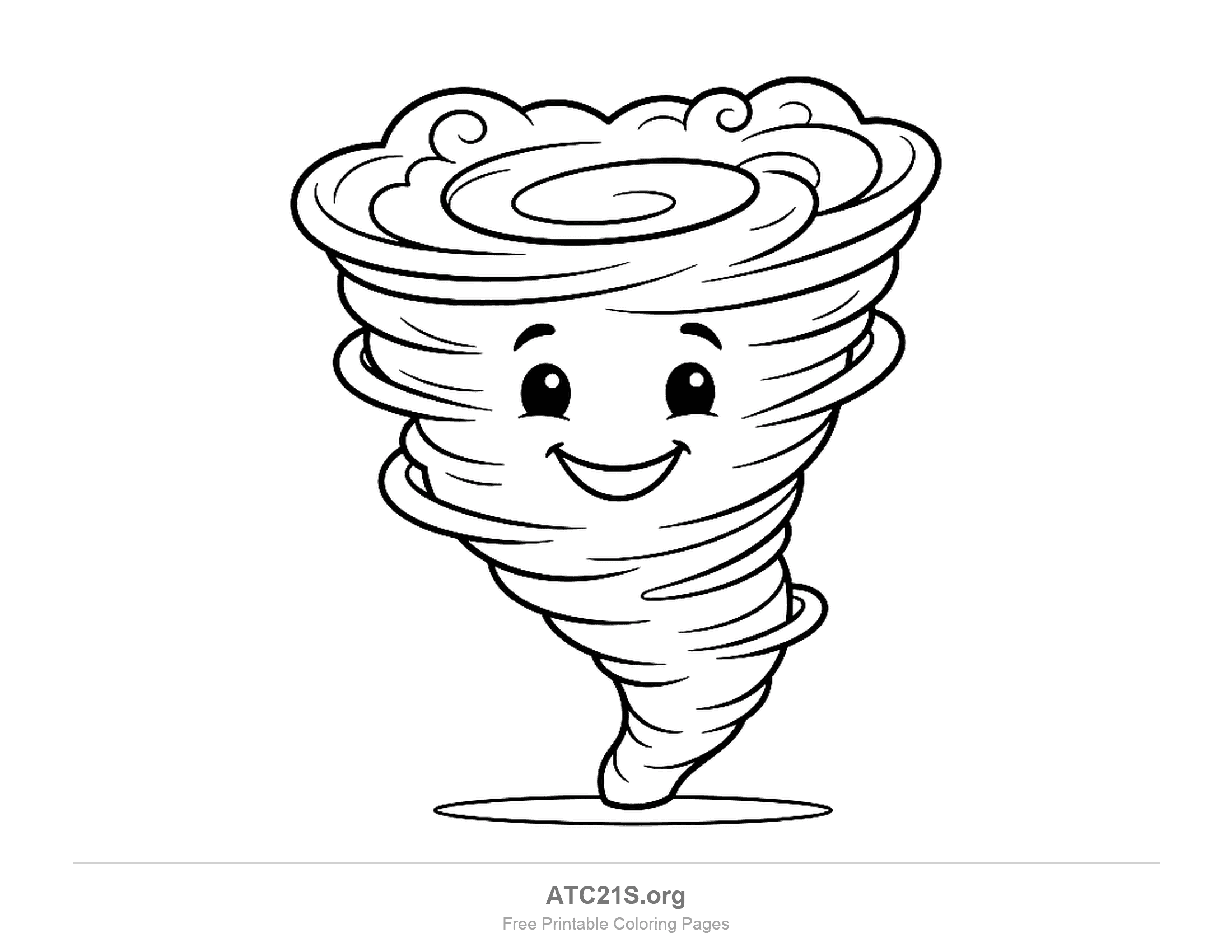 Happy tornado with big shiny eyes and a wide open smile, wind bands wrapped round its middle and its pointed tip resting on an oval shadow, simple tornado coloring page for preschoolers