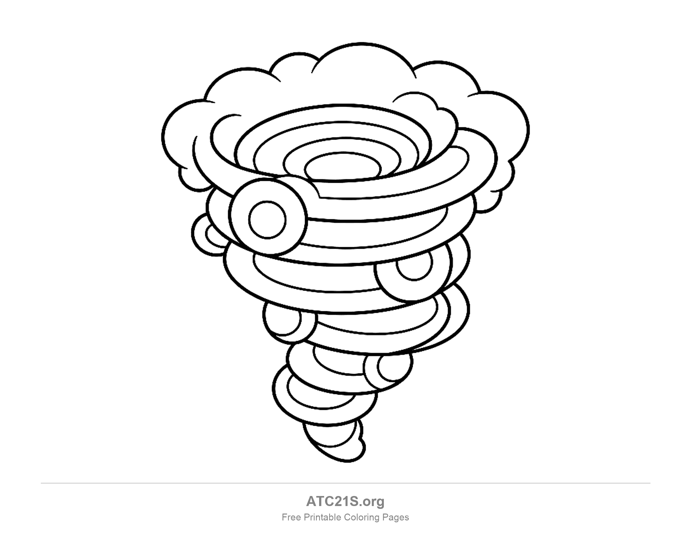 Tornado drawn as fat rounded coils stacked like a spring beneath a big puffy cloud, with ring-shaped loops where the coils turn, bold-line tornado coloring page for young kids