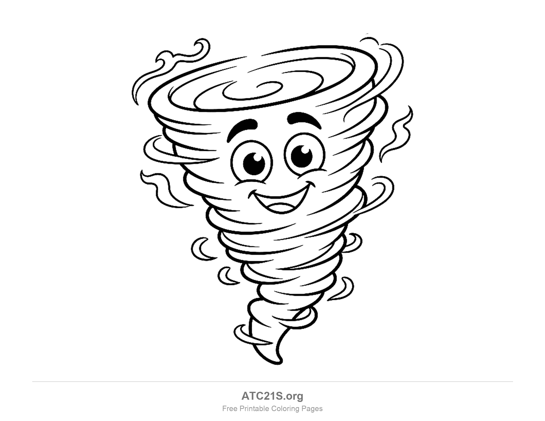 Cheeky cartoon tornado with big round eyes and a laughing grin, a spiral on top and curly wisps of wind flying off on every side, tornado coloring page for kids