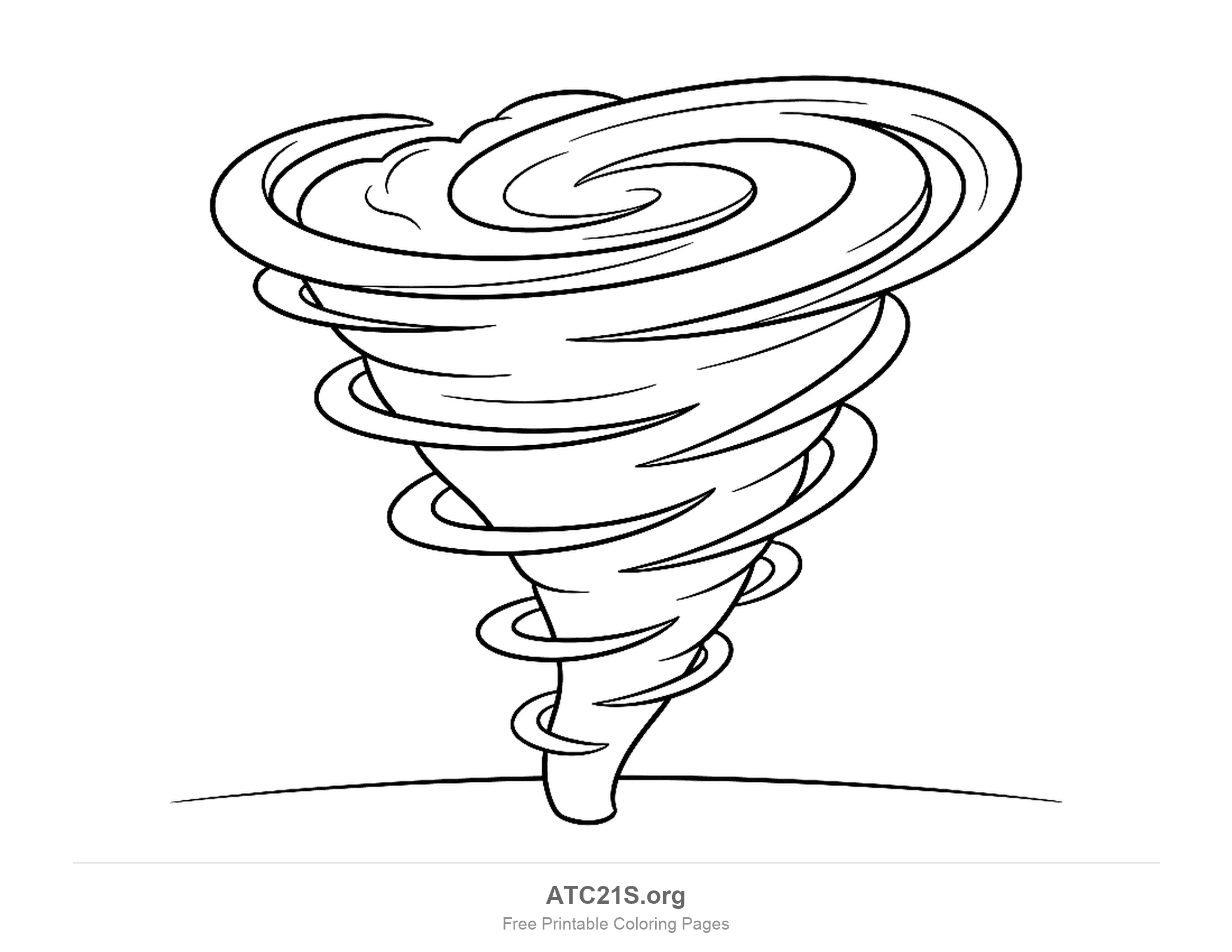 Wide tornado funnel with a huge flaring spiral top and ribbons of wind looping round it down to a tip touching the ground line, weather coloring page for kids