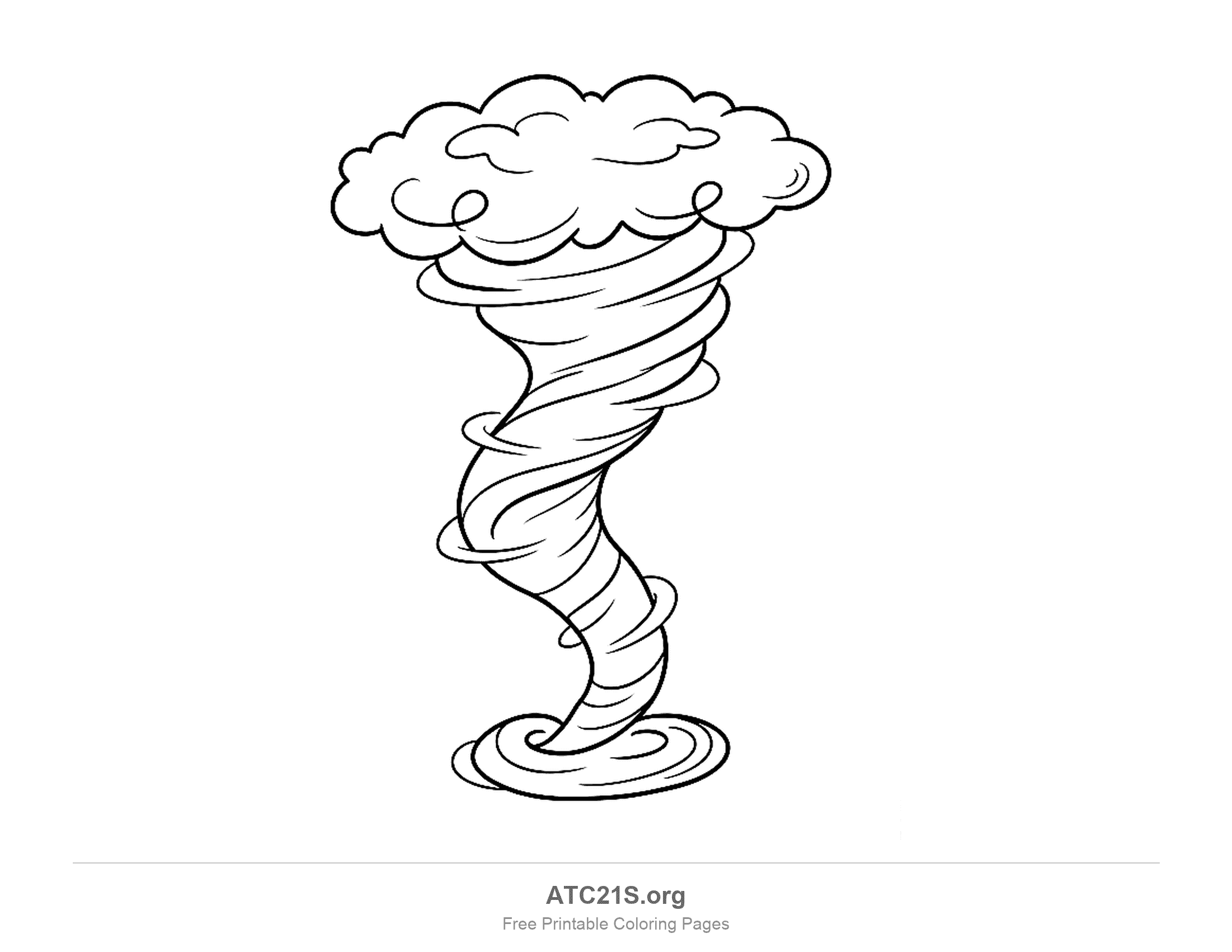 Tall thin tornado twisting down like a corkscrew from a puffy curling cloud and landing in a swirl of rings on the ground, storm coloring page to print