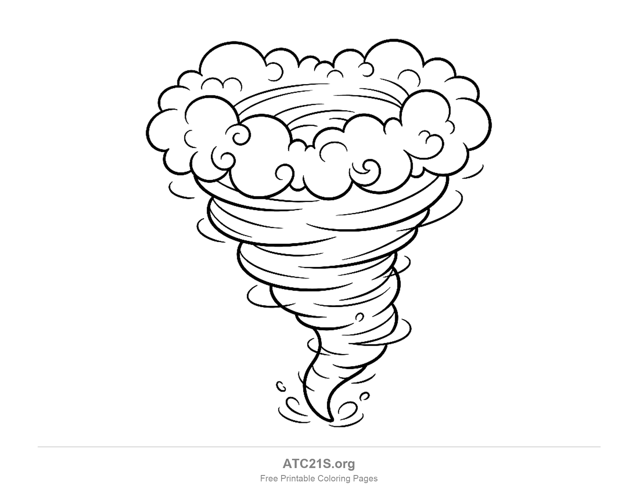 Tornado crowned by a ring of fluffy cloud puffs and little curls, with speed lines along its bands and specks of dust kicked up around its tail, detailed tornado coloring page