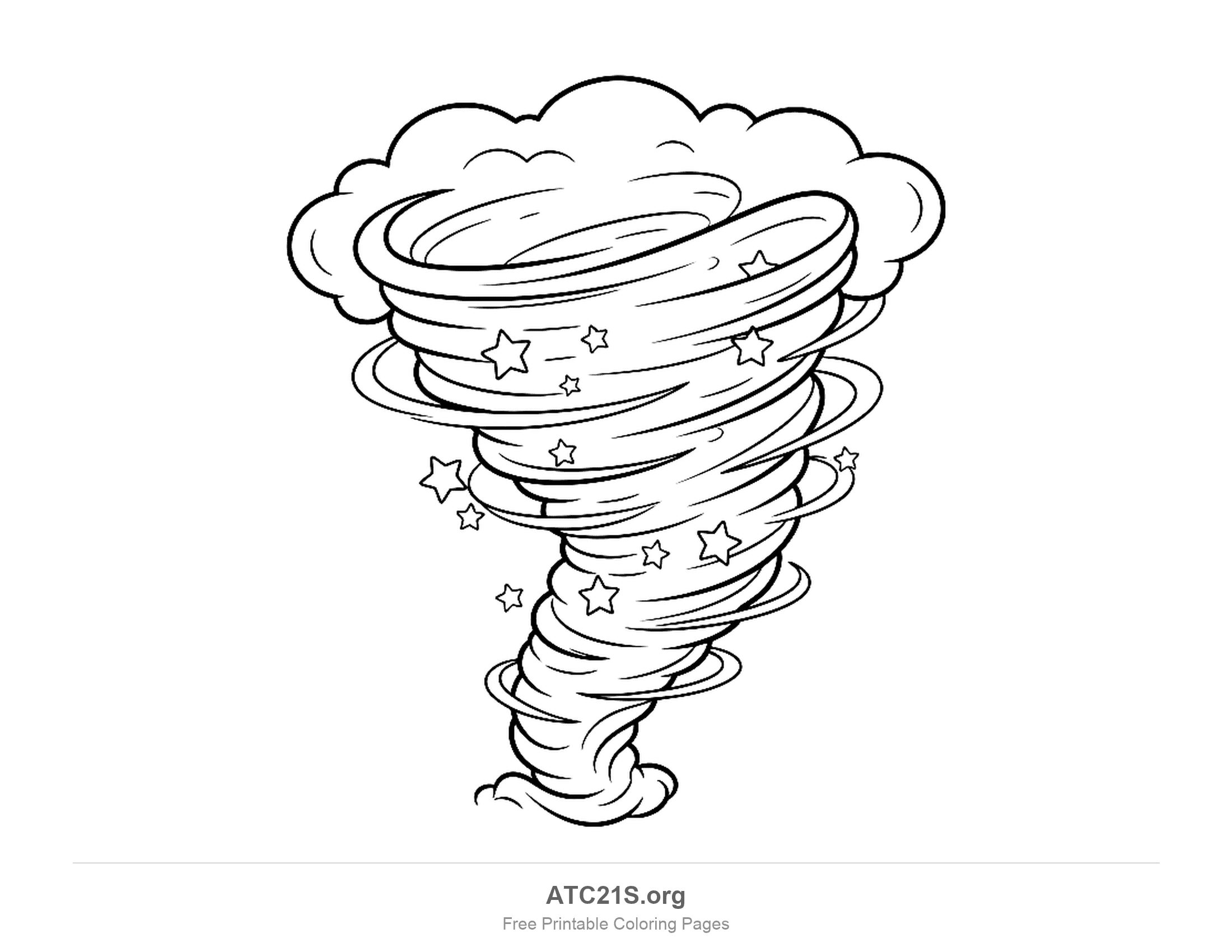 Wide tornado of overlapping wind bands beneath a big storm cloud, with a dozen little stars whirling around it and a puff of dust at its base, detailed tornado coloring page for older kids