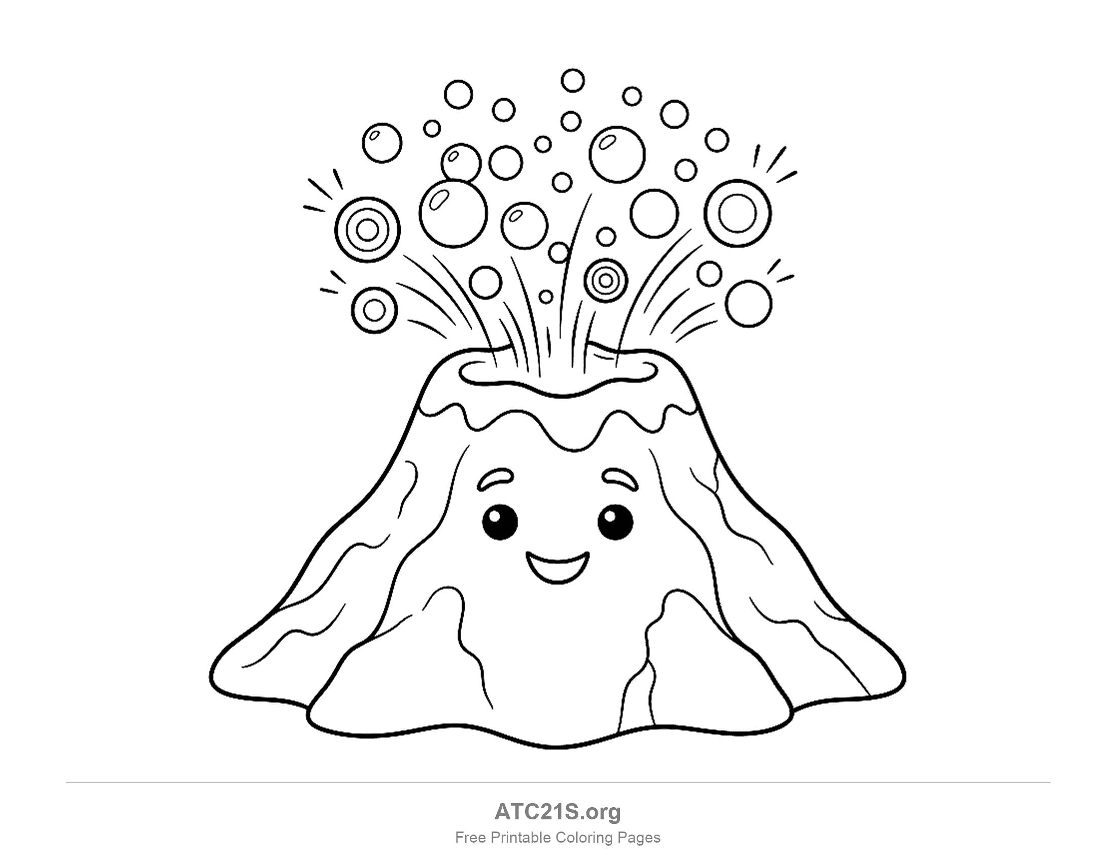 Smiling cartoon volcano with round eyes and a wavy band of lava around its top, a fountain of round bubbles and rings bursting from the crater, easy volcano coloring page for preschoolers