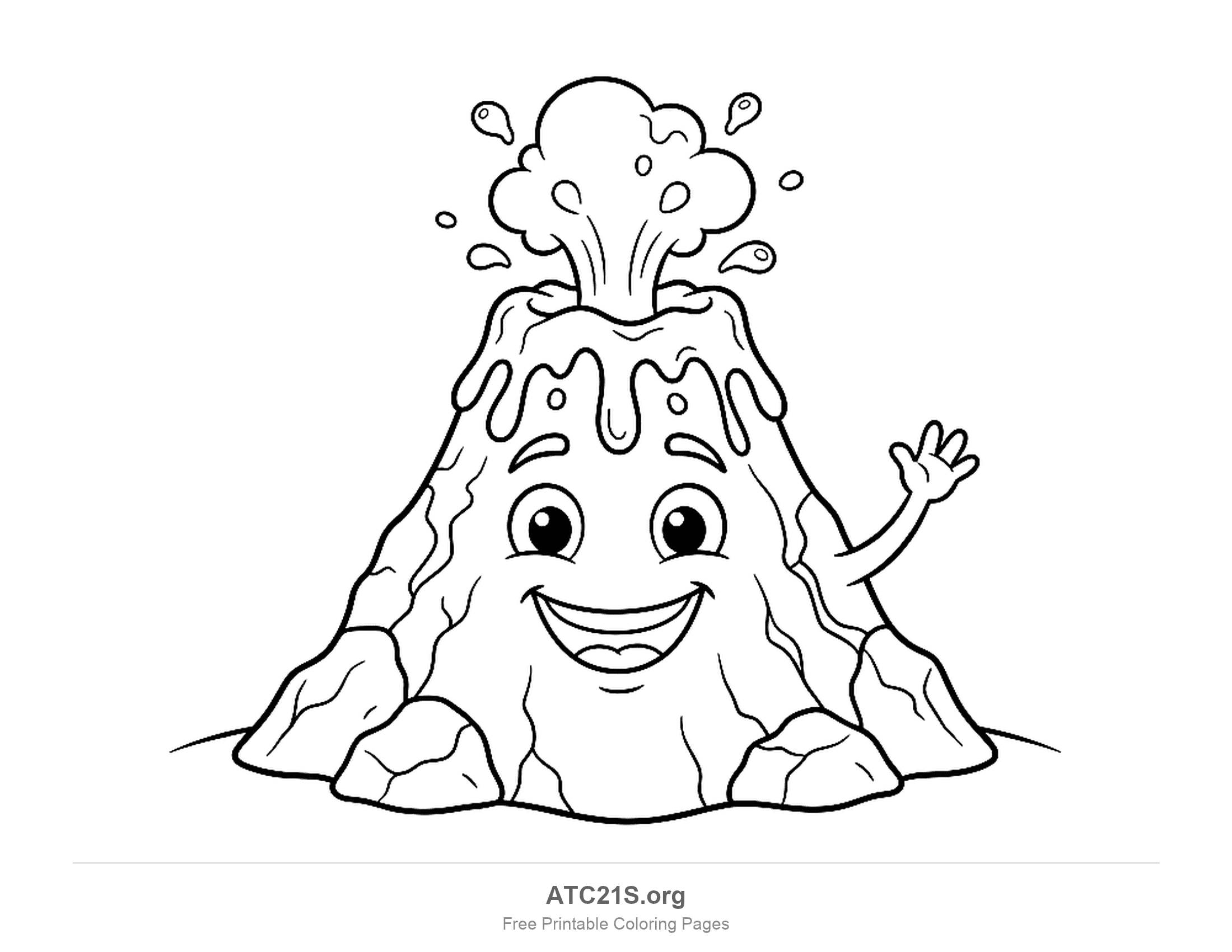 Happy cartoon volcano with a big open grin waving one hand, lava dripping over its rim, a puff of lava shooting from the top and boulders at its base, cute volcano coloring page for kids