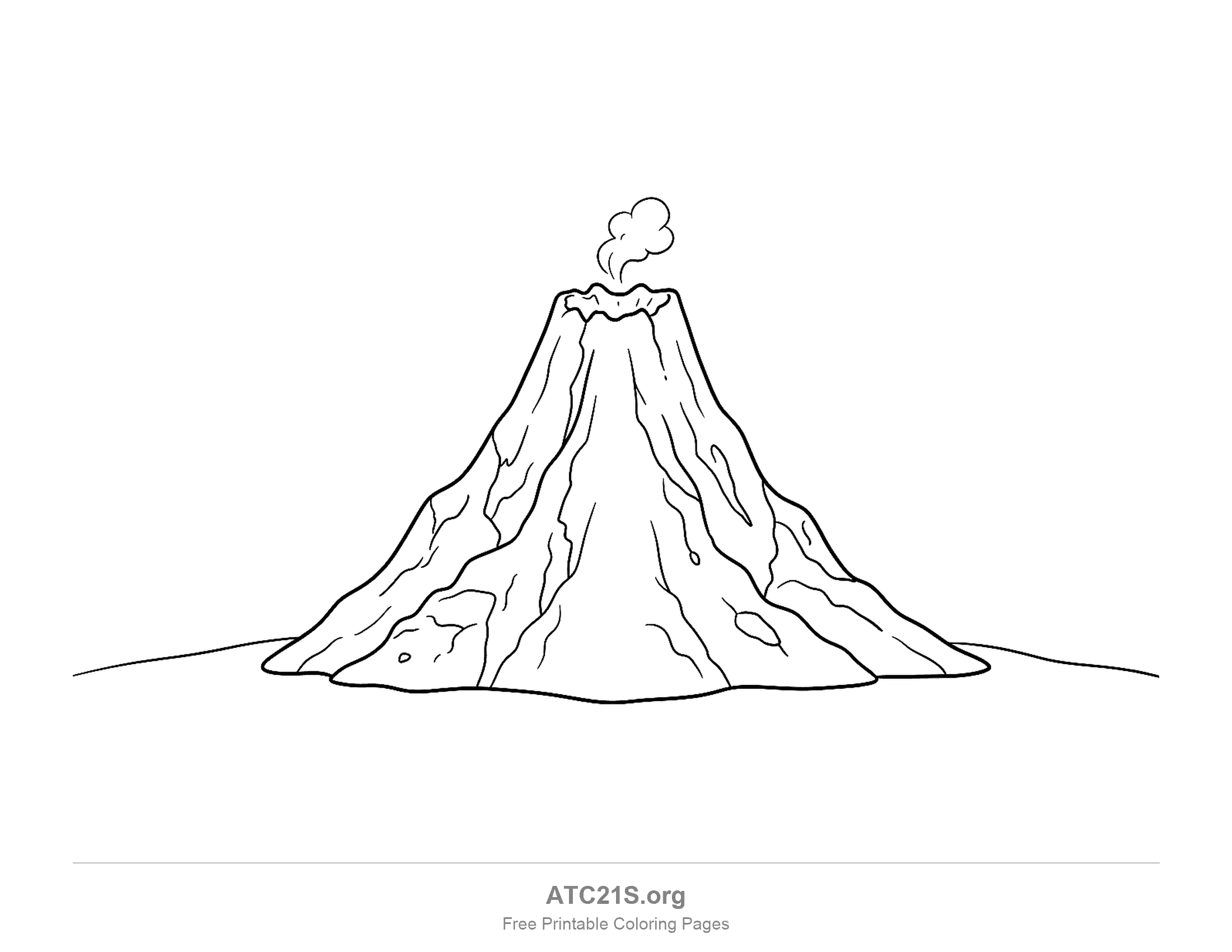 Tall, steep volcano with a jagged crater rim and a small wisp of steam, ridges and cracks running down its sides to a long ground line, volcano coloring page for kids