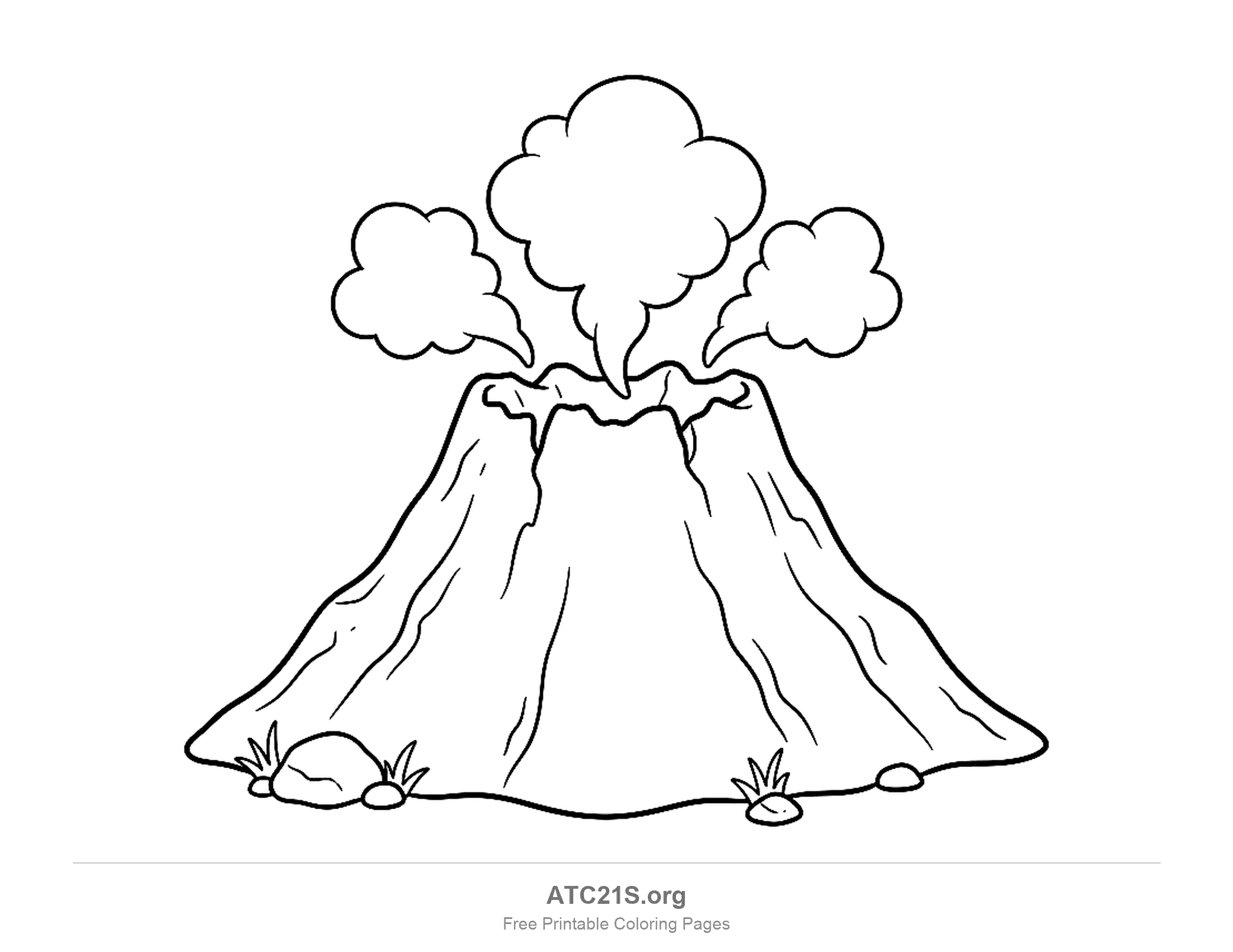 Volcano puffing out three big ash clouds, one straight up and two curling to the sides, with a broken crater rim and rocks and grass tufts at its foot, volcano coloring page to print