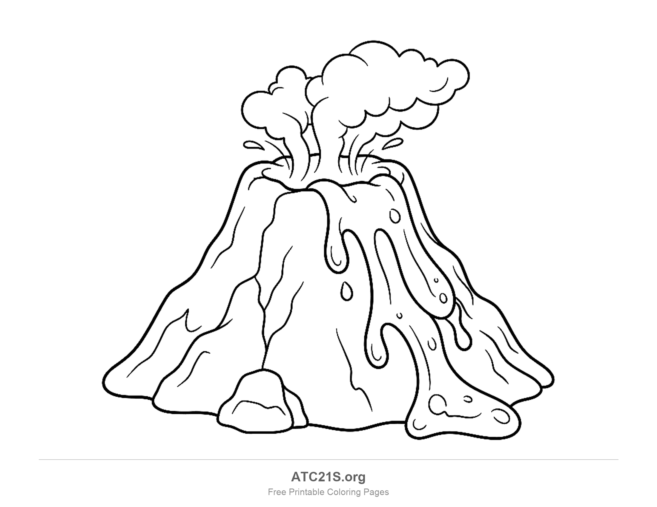 Erupting volcano with smoke and splashes at the crater and a thick river of lava pouring down one side in long drips and pooling at the bottom beside a boulder, volcano coloring page for school-age kids