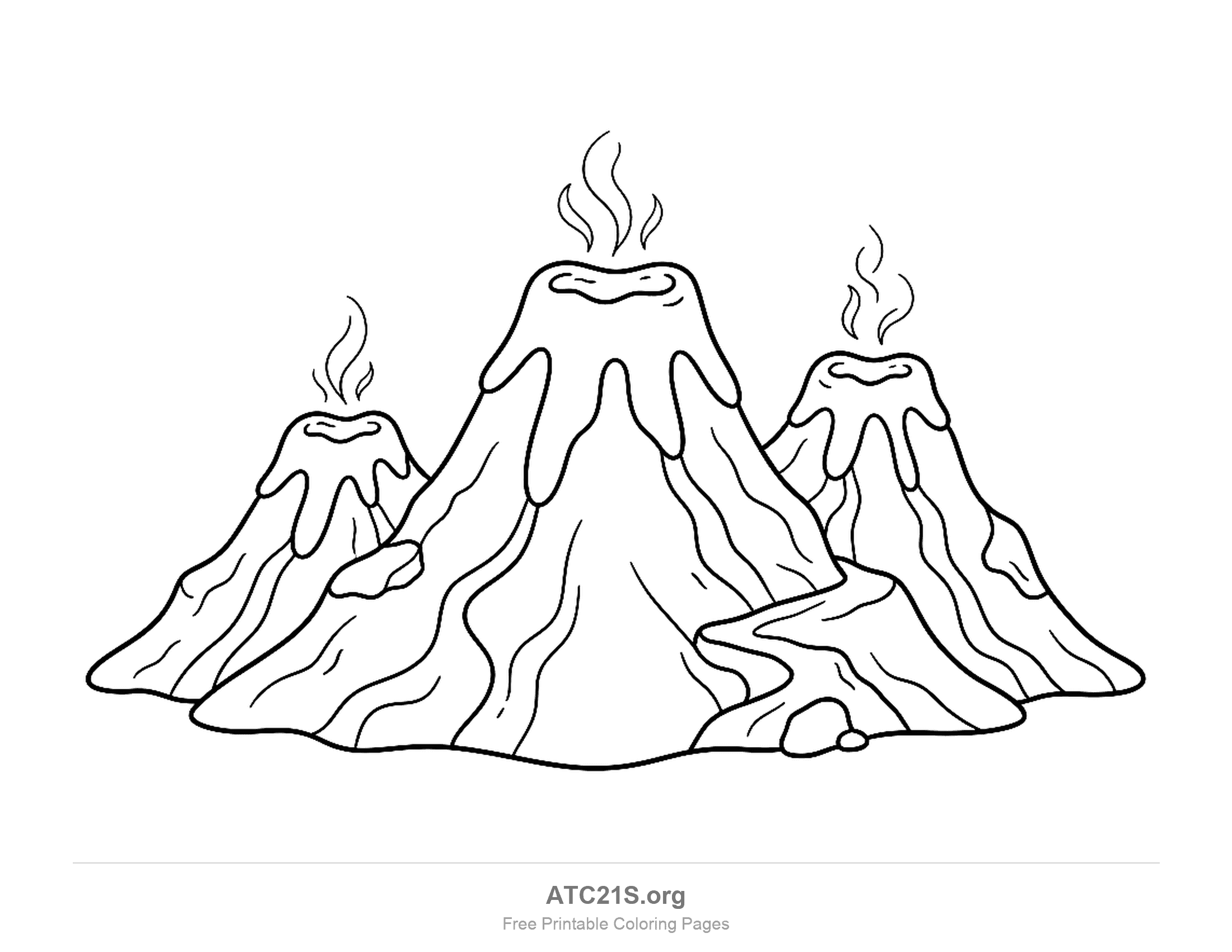 Three volcanoes side by side, the tallest in the middle, each with lava drooping over its rim and wavy steam rising, with a lava river winding between them, detailed volcano coloring page