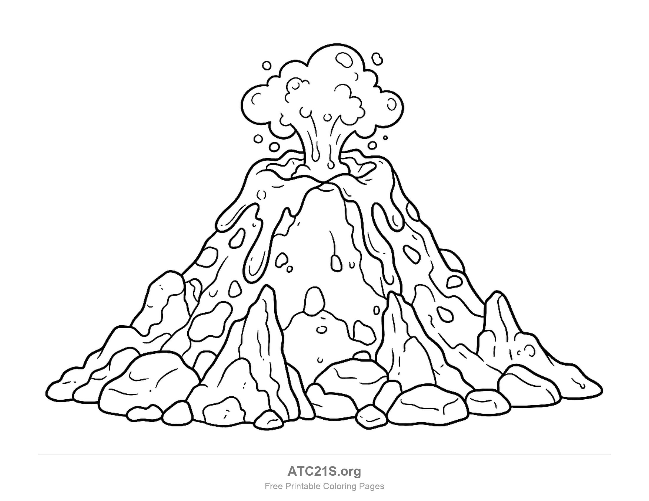 Rocky volcano erupting a bubbly cloud with blobs of lava flying, slopes streaked with lava and dotted with blobs, ringed by jagged rocks and boulders, detailed volcano coloring page for older kids