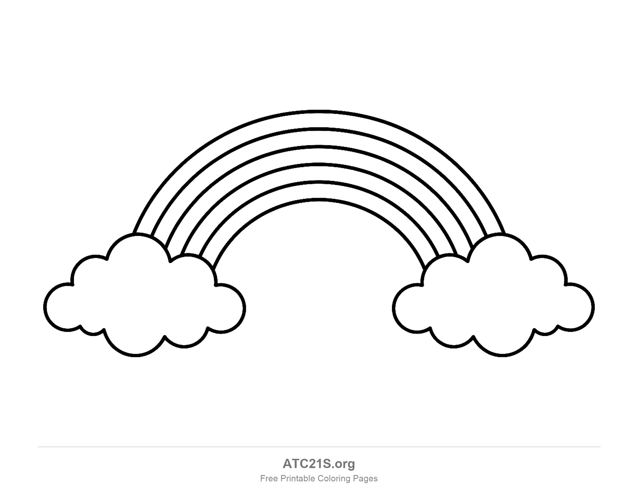 Wide five-stripe rainbow arch with each end resting on a puffy cloud, easy rainbow weather coloring page for preschoolers