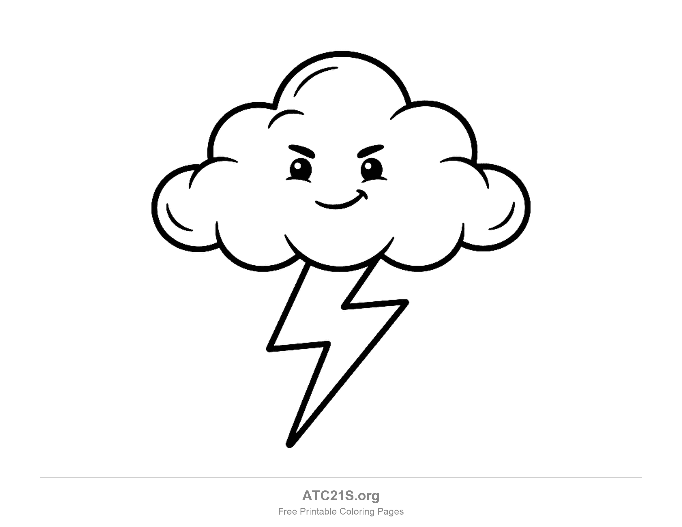 Cheeky storm cloud with slanted eyebrows and a sideways smile above a big zigzag lightning bolt, easy thunderstorm weather coloring page for young kids