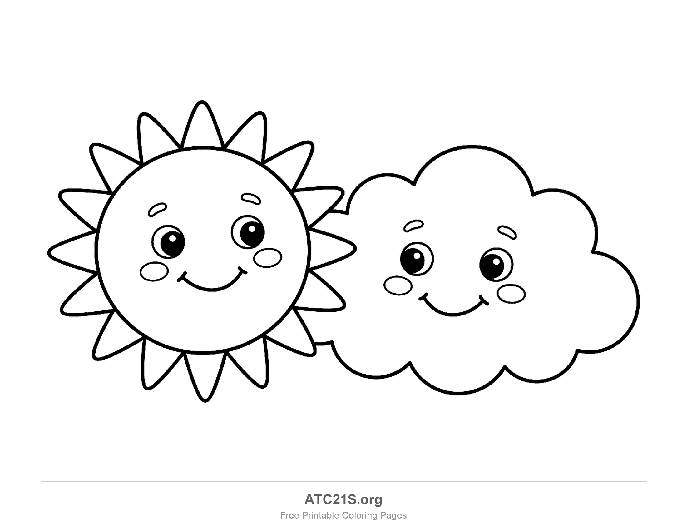 Smiling sun with pointed rays and shiny eyes beside a smiling fluffy cloud, both with rosy cheeks, partly sunny weather coloring page for preschool and kindergarten